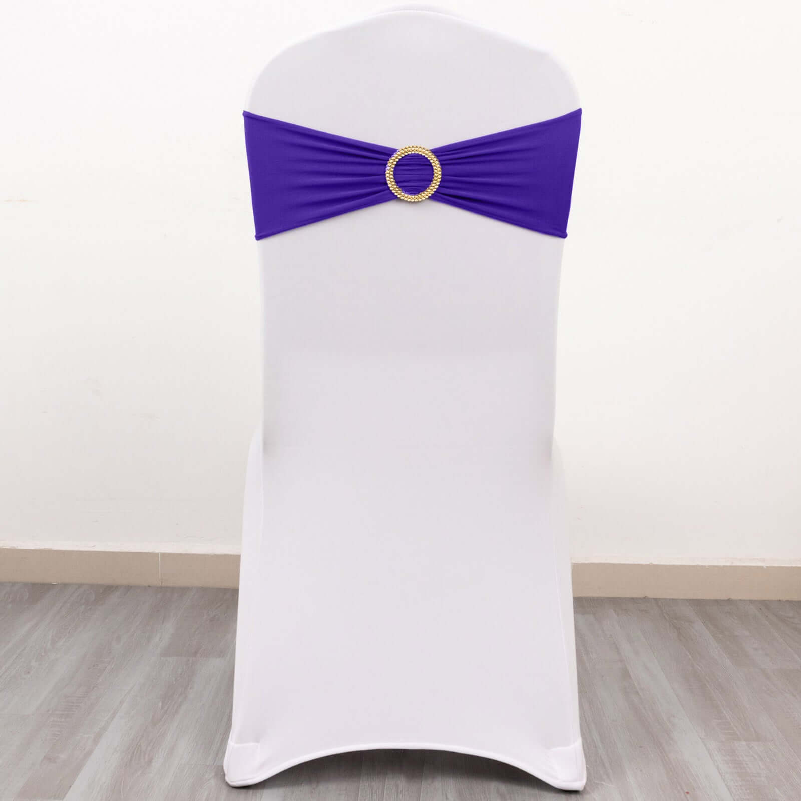 5 Pack Spandex Chair Sashes Purple with Gold Rhinestone Buckles - Reusable Four-Way Stretch Sash Bands 5"x14"