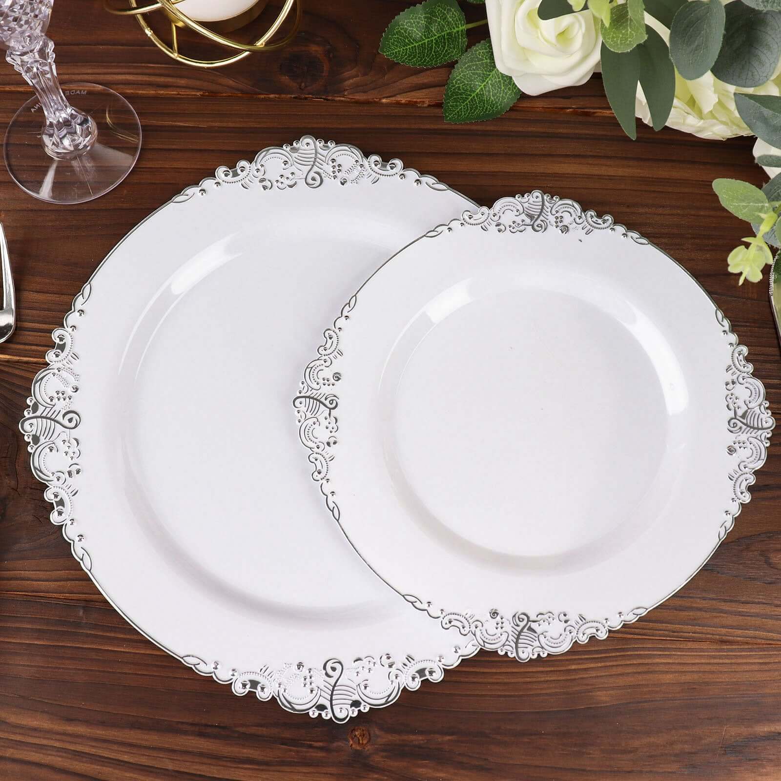 10-Pack Plastic 8" Round Dessert Plates in White with Silver Leaf Embossed Rim - Disposable Vintage Baroque Style Salad Plates