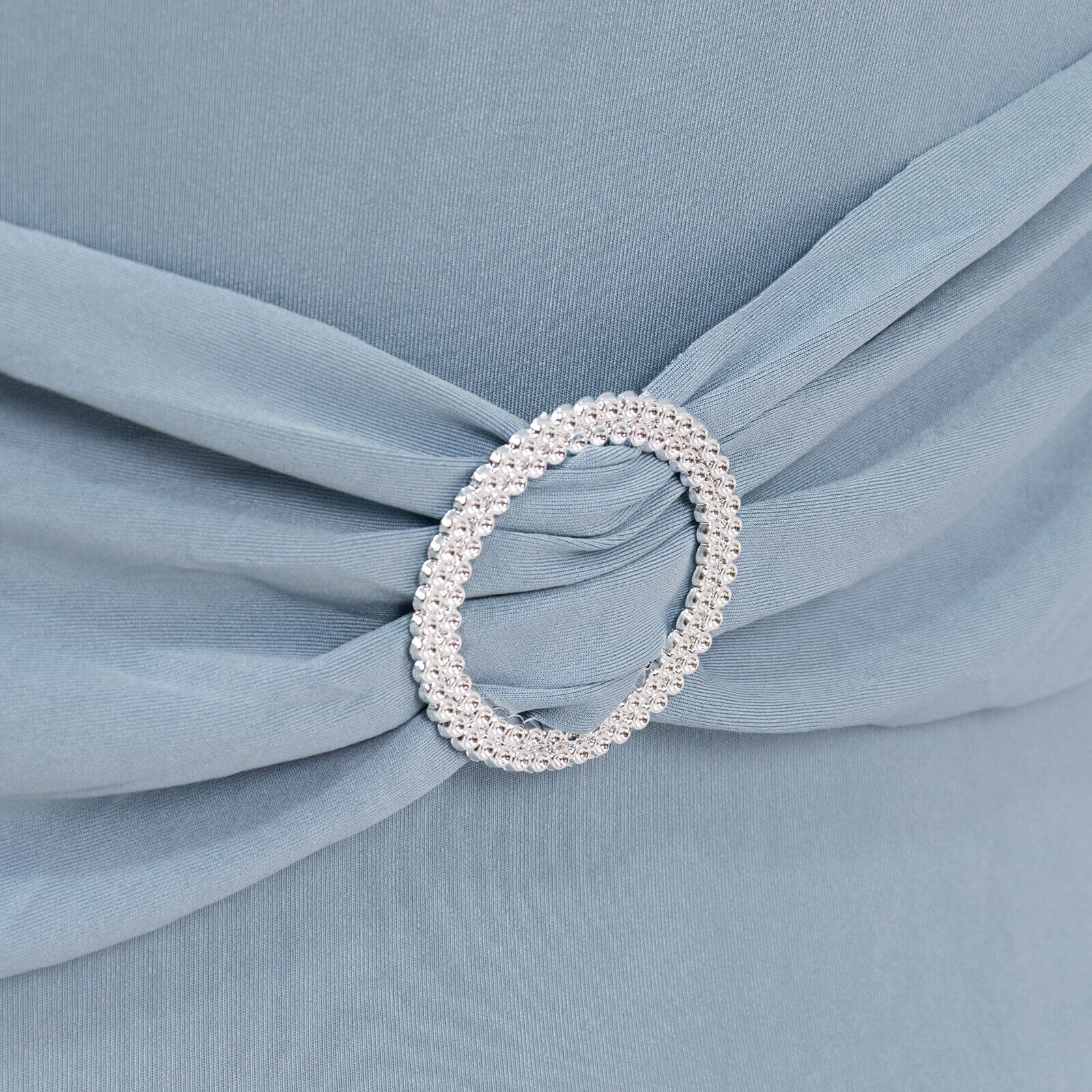 Stretch Spandex Chair Cover Dusty Blue for Folding Chairs - Secure Fit Slipcover with Silver Rhinestone Buckled Sash Band