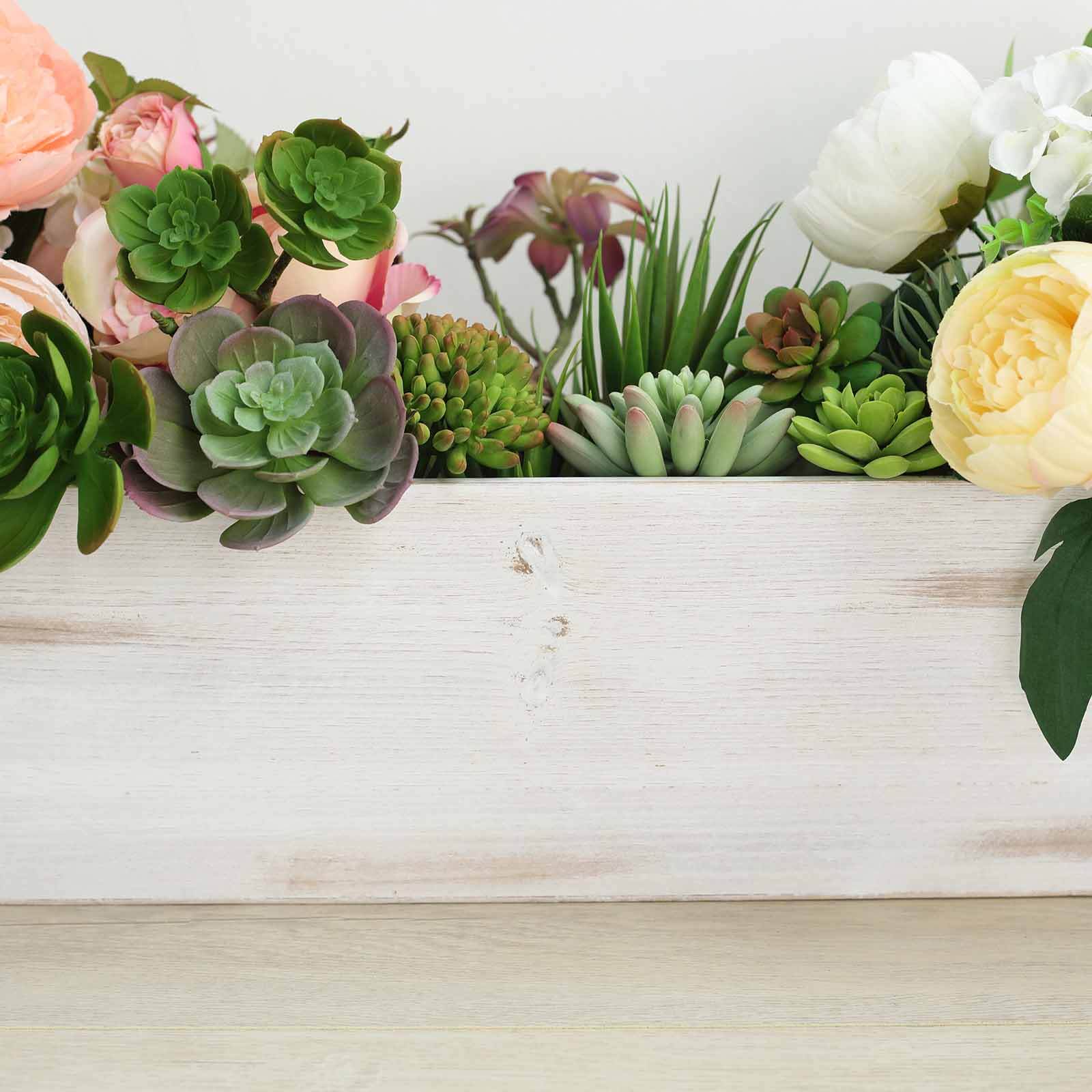 Whitewash Wood Planter Rectangular Box 24"x6"- Natural Decor with Removable Plastic Liner for Tables