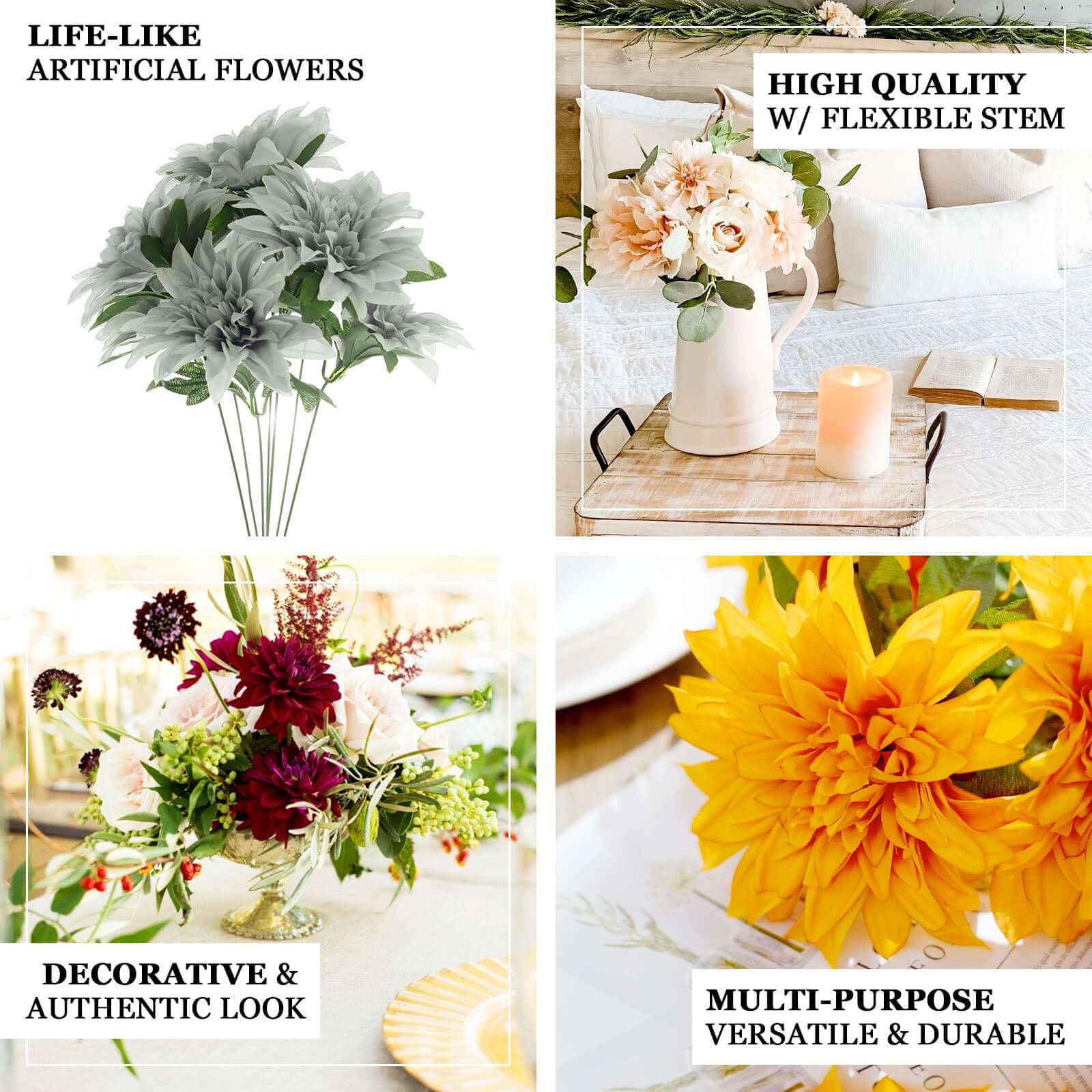 2 Bushes 20" Cream Large Head Artificial Dahlia Bouquet, Silk Bridal Flower Decorations