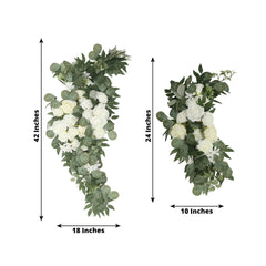Set of 2 Silk Rose Floral Swag Wedding Arch Flowers in White with Eucalyptus Leaves, Large Artificial Flower Arrangement Garlands - 24",42"