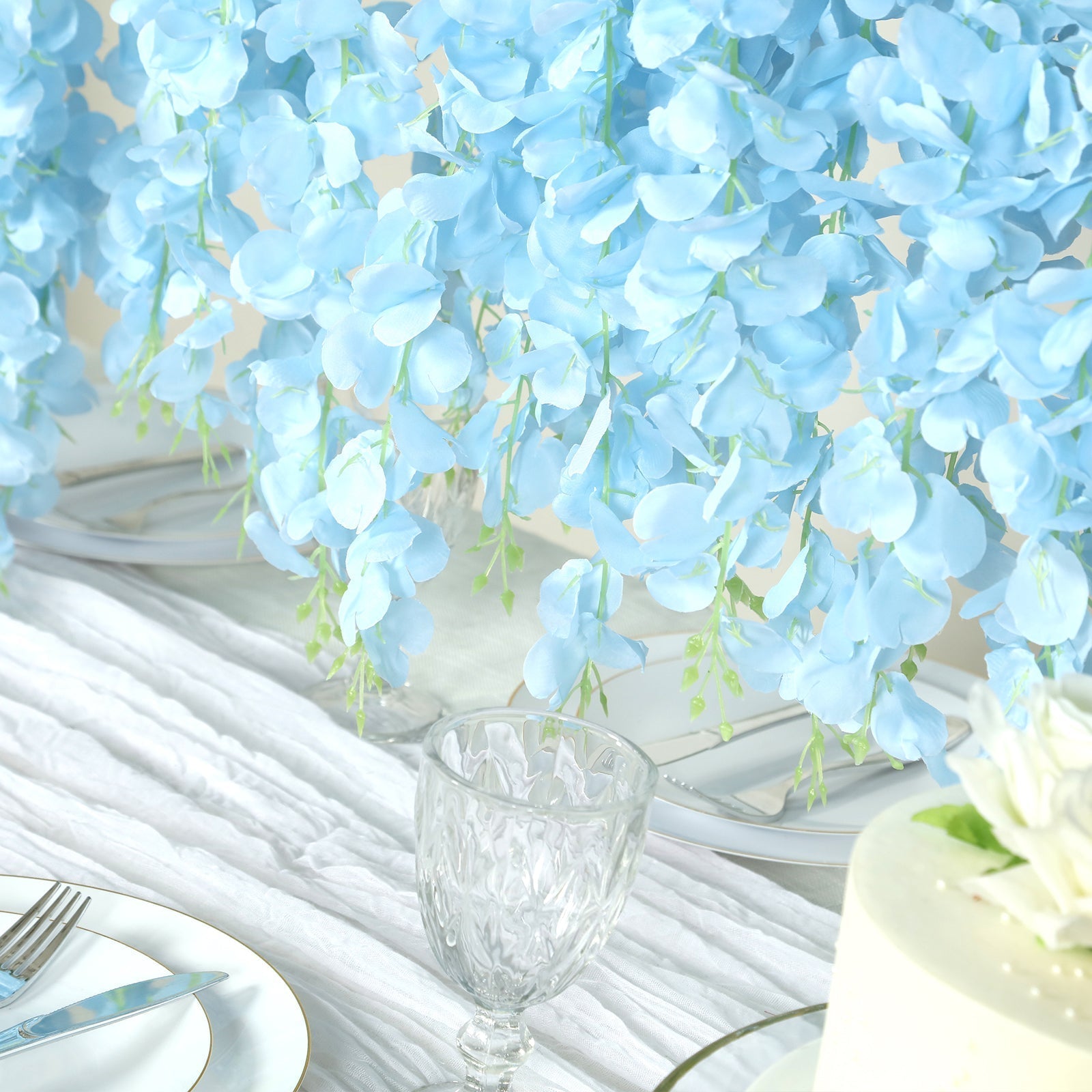 42" Silk Hanging Wisteria Flower Garland Vines in Light Blue, Elaborated 5 Full Strands in 1 Bush