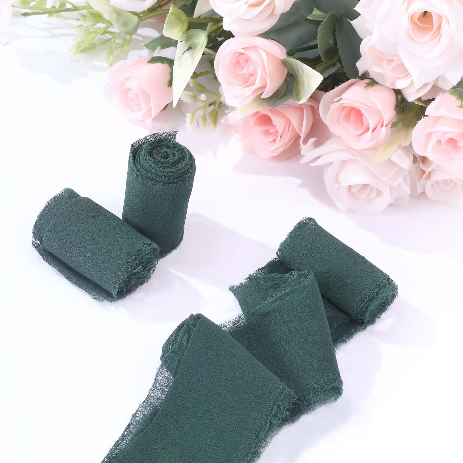 2 Pack 6yds Hunter Emerald Green Silk-Like Chiffon Ribbon Roll, DIY Wedding Bouquet Linen Wrap
