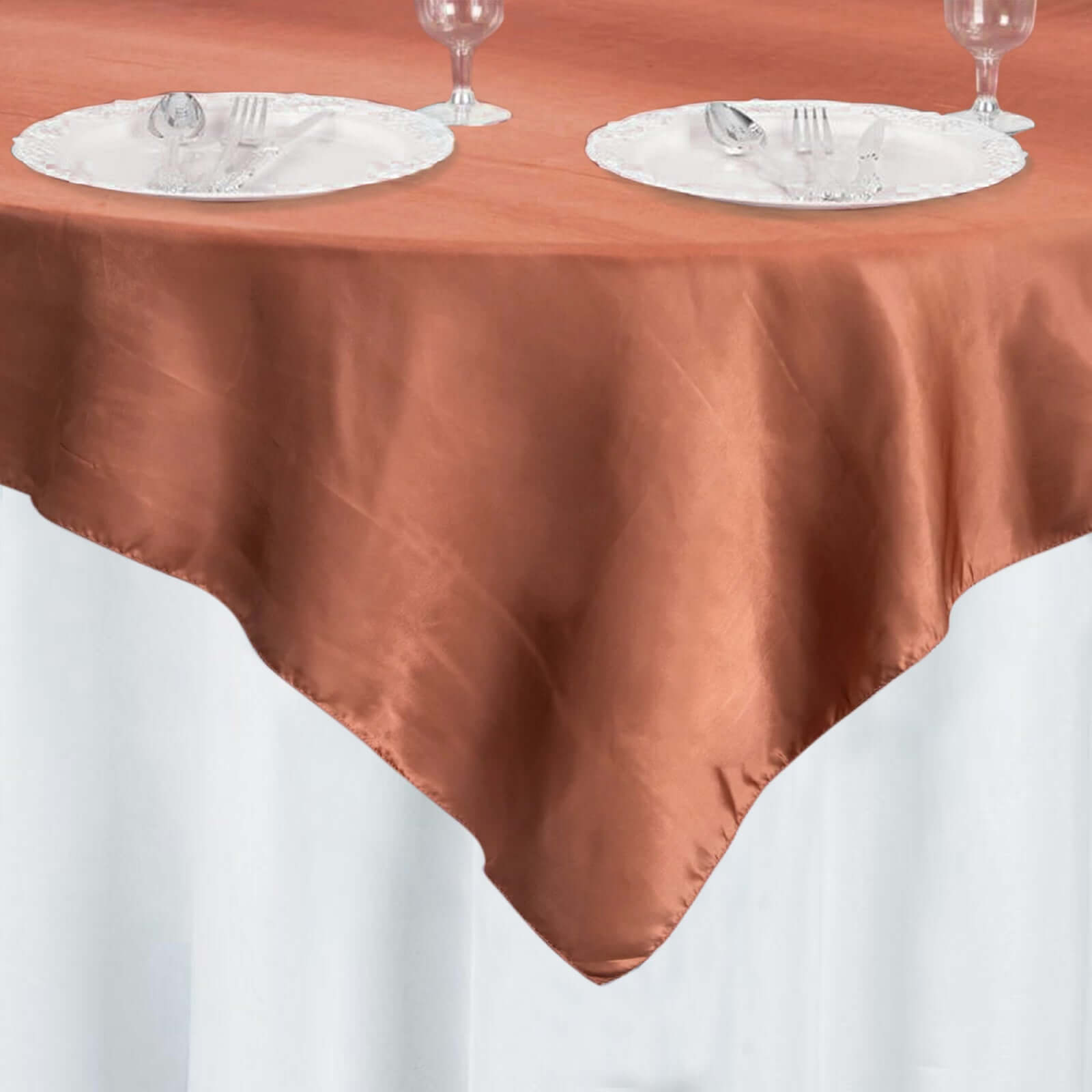 Satin 60"x60" Table Overlay Square Tablecloth Terracotta (Rust) - Smooth Silky Touch Table Cover