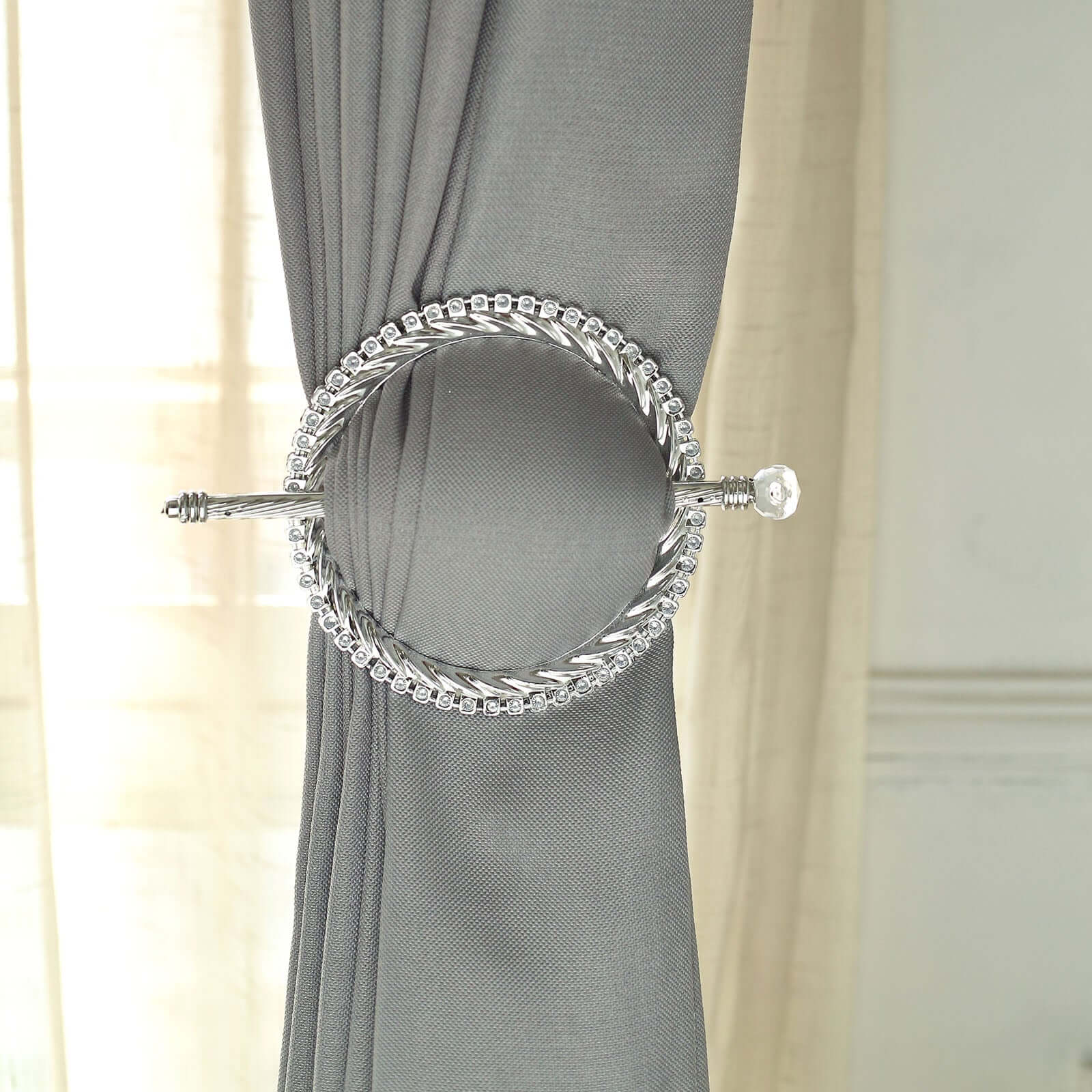 Set of 2 6" Silver Acrylic Braided Barrette Style Curtain Tie Backs With Crystal Diamond Studded Edge, Round Backdrop Drapery Brooch Holdbacks