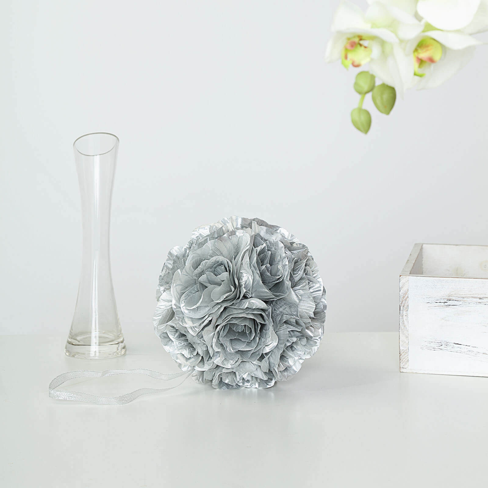 2 Pack 7" Silver Artificial Silk Rose Kissing Ball, Faux Flower Ball