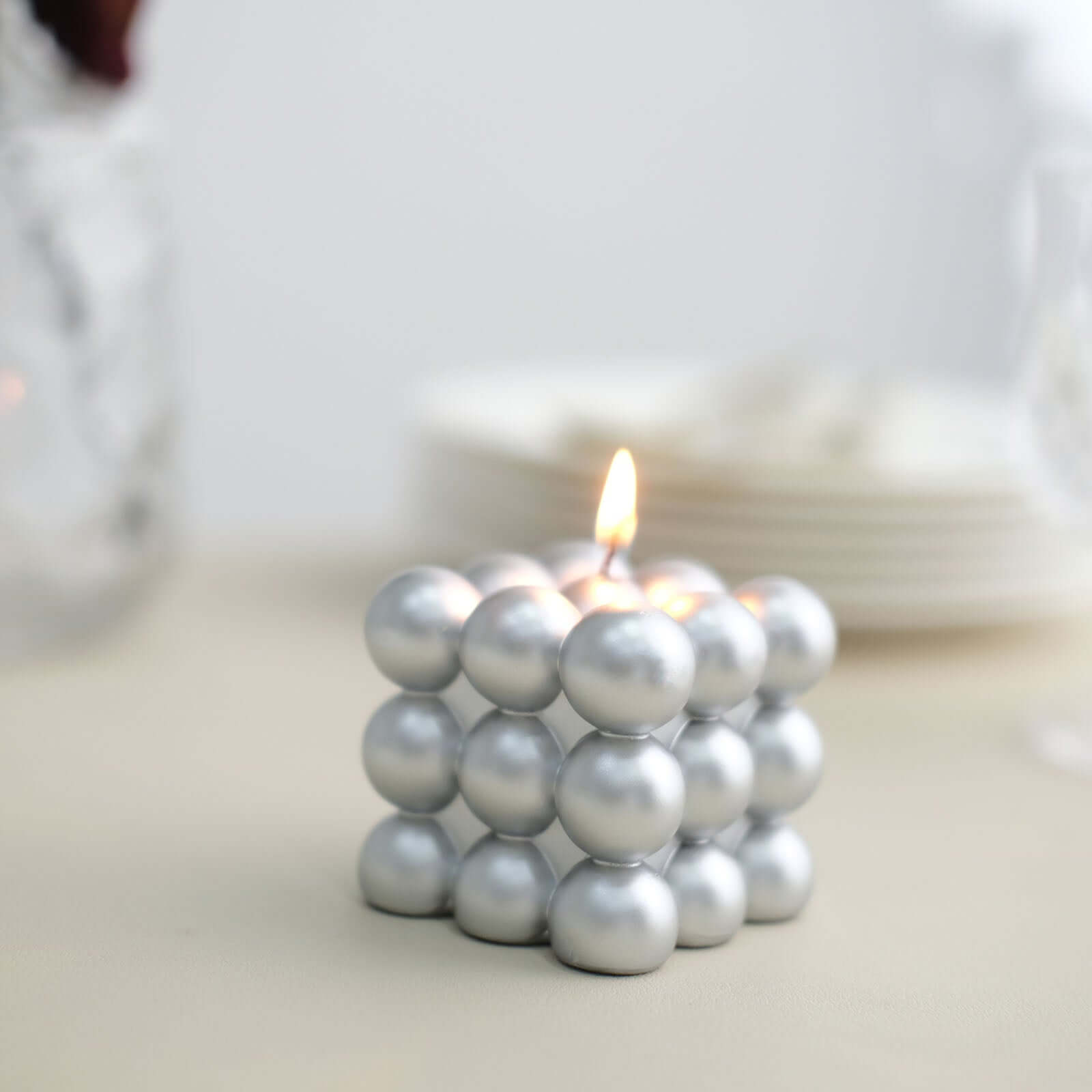 2-Pack Decorative Paraffin Wax Candles Bubble Cube Design Metallic Silver - Unscented Long Burning Pillar Candle Set 2"