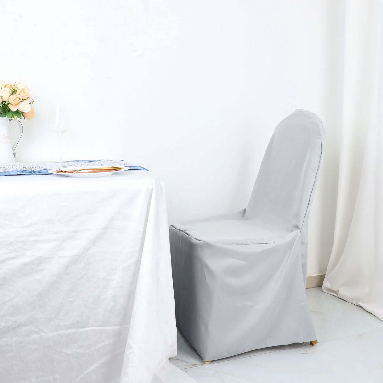 Polyester Slip On Banquet Chair Covers Silver - Stain-Resistant Reusable Durable Fabric