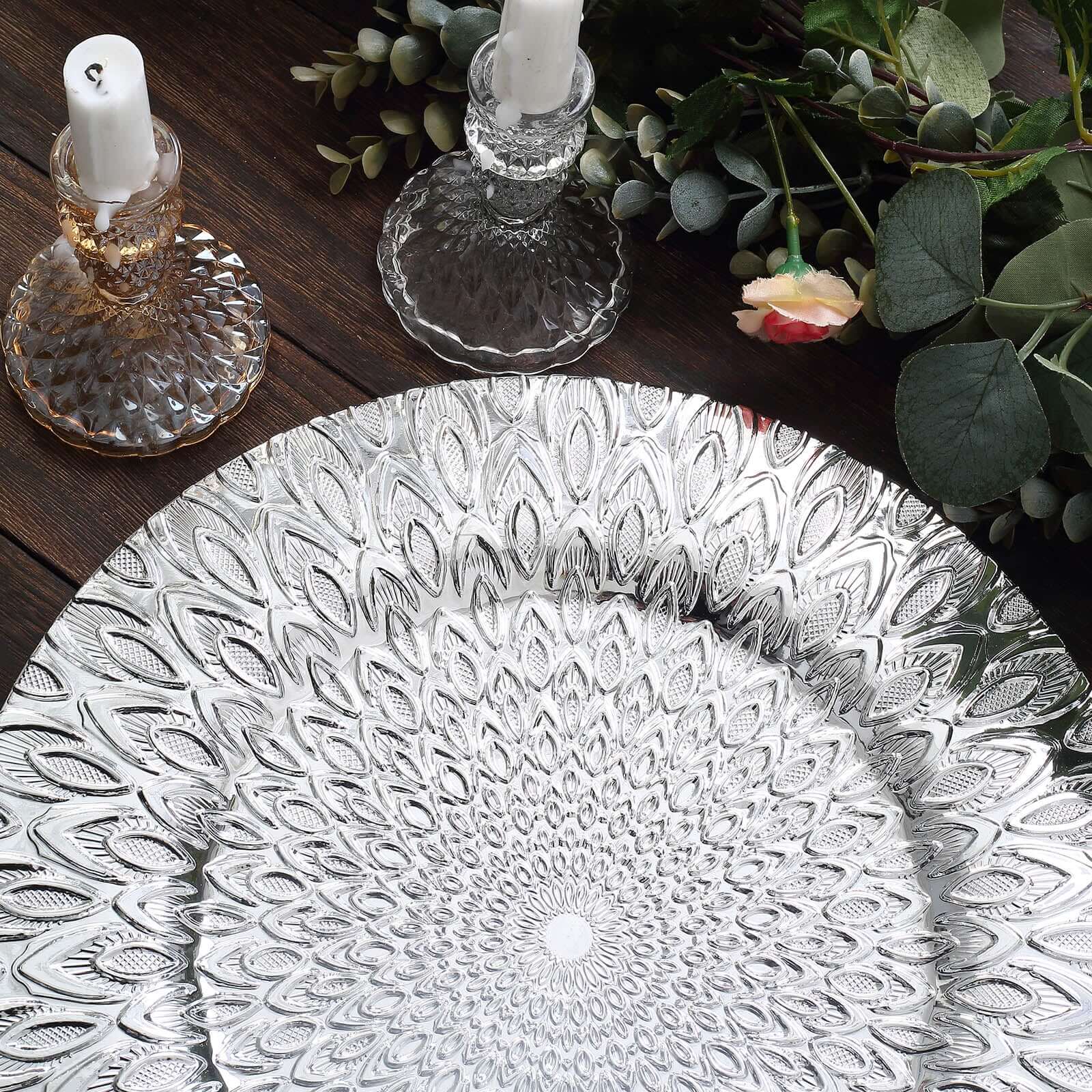 6-Pack Plastic Round Charger Plates 13" in Silver with Embossed Peacock Pattern, Stylish Disposable Charger Tableware