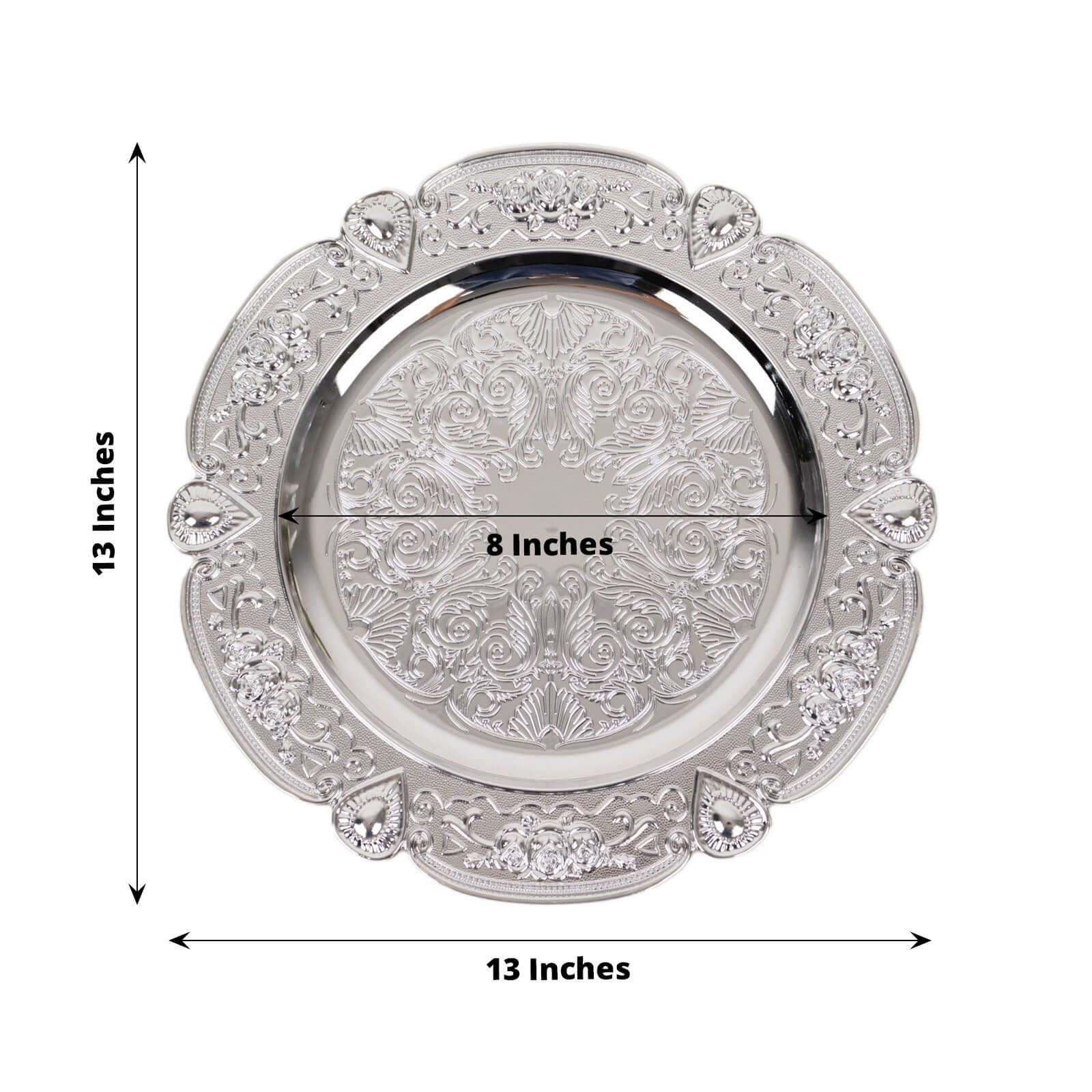6-Pack Acrylic Round Charger Plates 13" in Silver Floral Embossed with Scalloped Rim, Plastic Decorative Charger Tableware