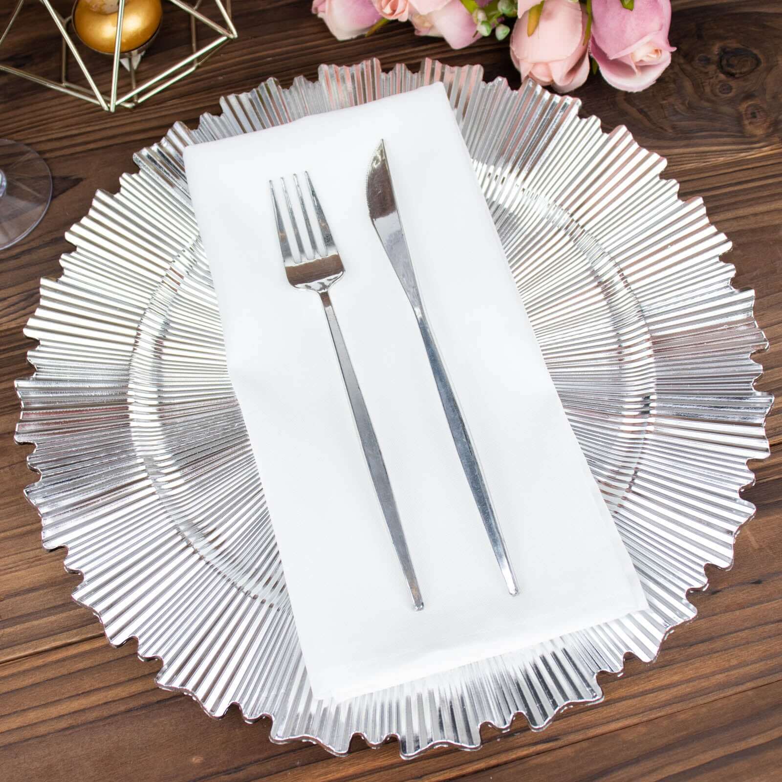 6-Pack Acrylic Plastic Round Charger Plates 13" in Metallic Silver with Sunray Scalloped Rim, Decorative Dinner Party Charger Tableware