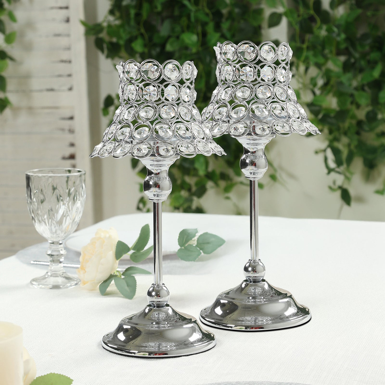 2 Pack Crystal Beaded Candle Holders – 12" Tall Silver Metal Centerpieces with Lamp-Inspired Shade for Tables & Events