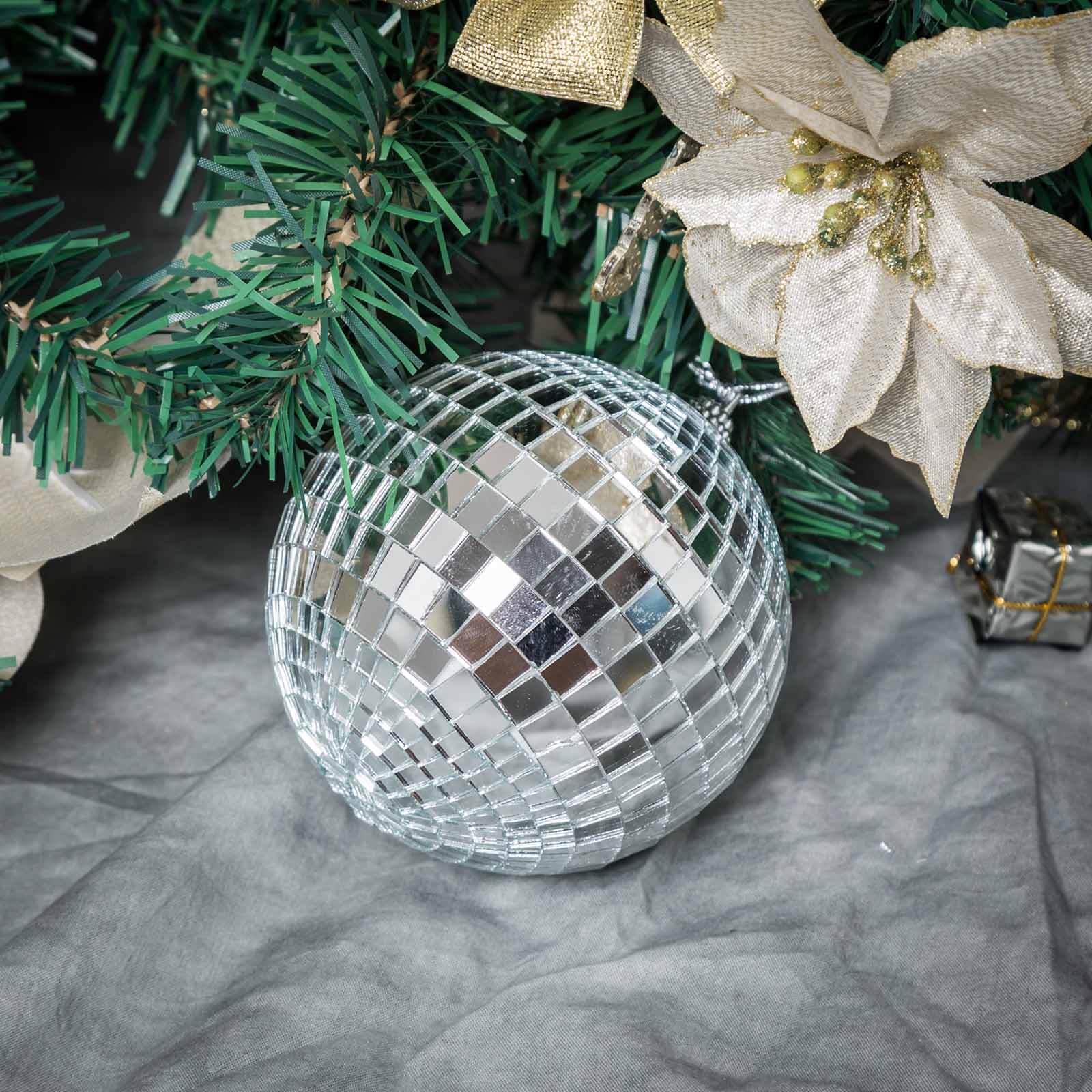 4 Pack 4" Silver Foam Disco Mirror Ball With Hanging Strings, Holiday Christmas Ornaments