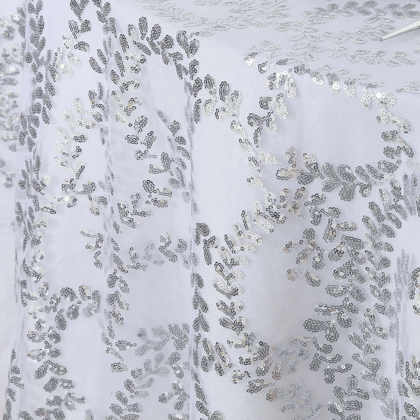 Tulle 72"x72" Table Overlay Square Tablecloth Silver - Sequin Leaf Embroidered Table Topper