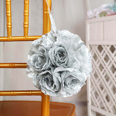 2 Pack 7" Silver Artificial Silk Rose Kissing Ball, Faux Flower Ball