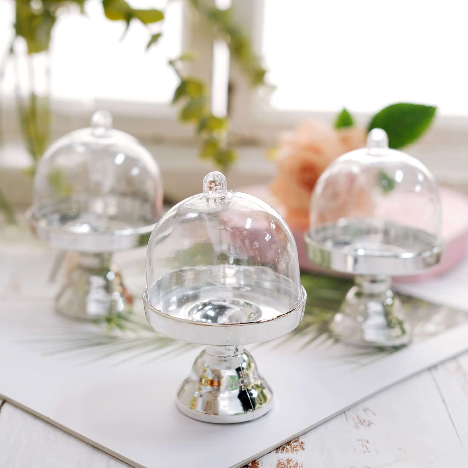 12-Pack Fillable Mini Pedestal Candy Container Clear/Silver - Decorative Candy Treat Favor Boxes with Dome Lid 4"