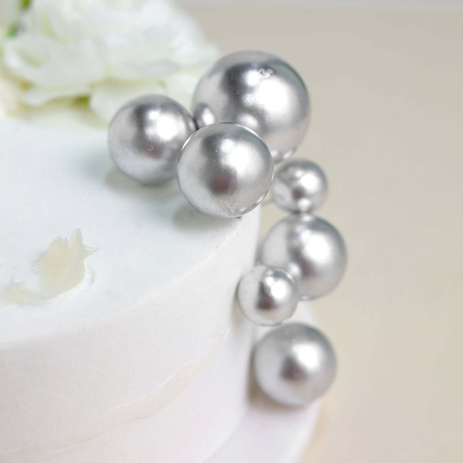 12 Pcs Cake Topper Picks Faux Pearl Ball Design Silver - Foam Balloon DIY Cupcake Decor Supplies Assorted Sizes