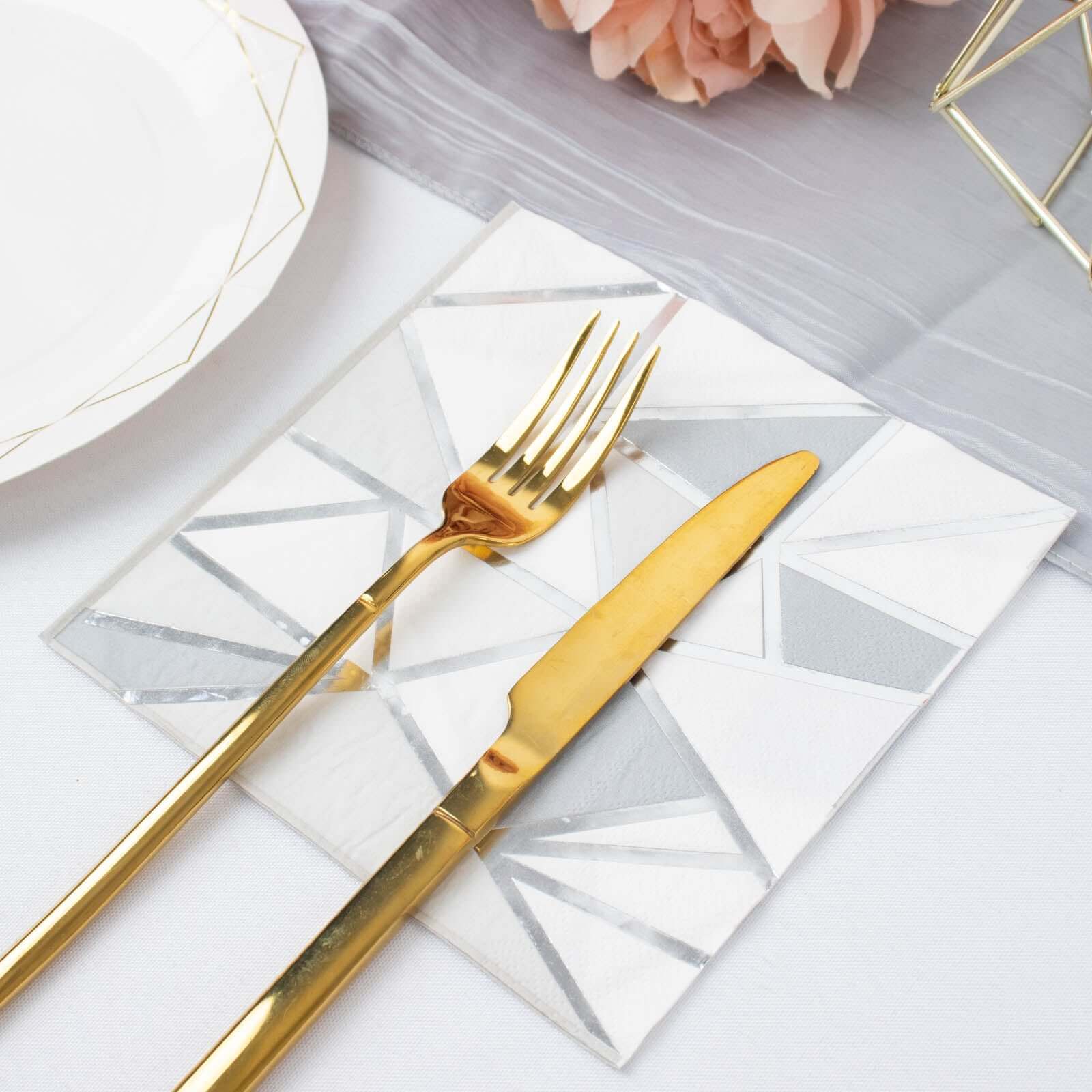 20-Pack Paper Party Napkins with Geometric Silver Foil Print - 2 Ply Soft Disposable Beverage Napkins for Weddings 6.5"x6.5"