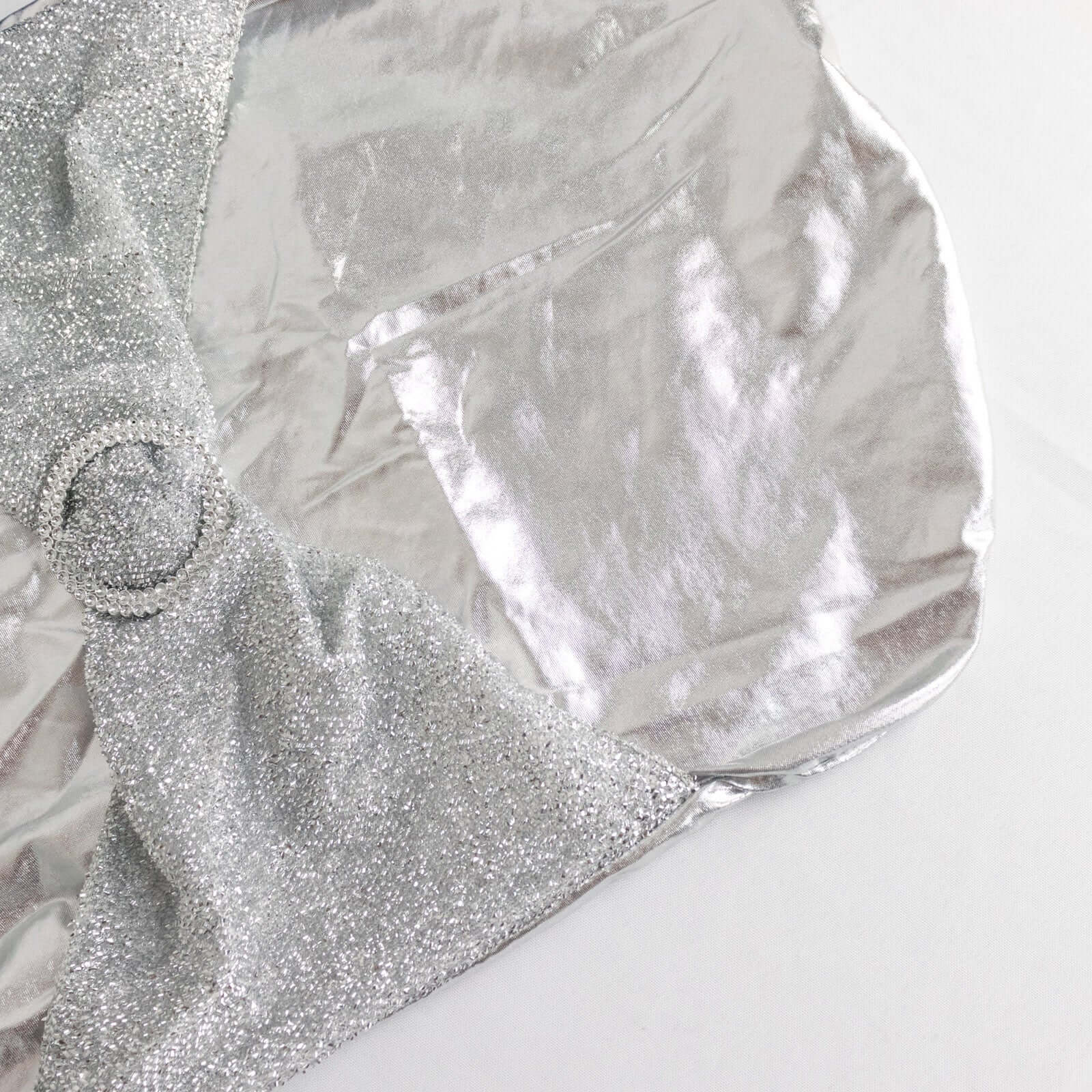 Spandex Banquet Chair Cover Metallic Silver Tinsel with Sash and Rhinestone Buckle - Shimmering Fitted Slipcover