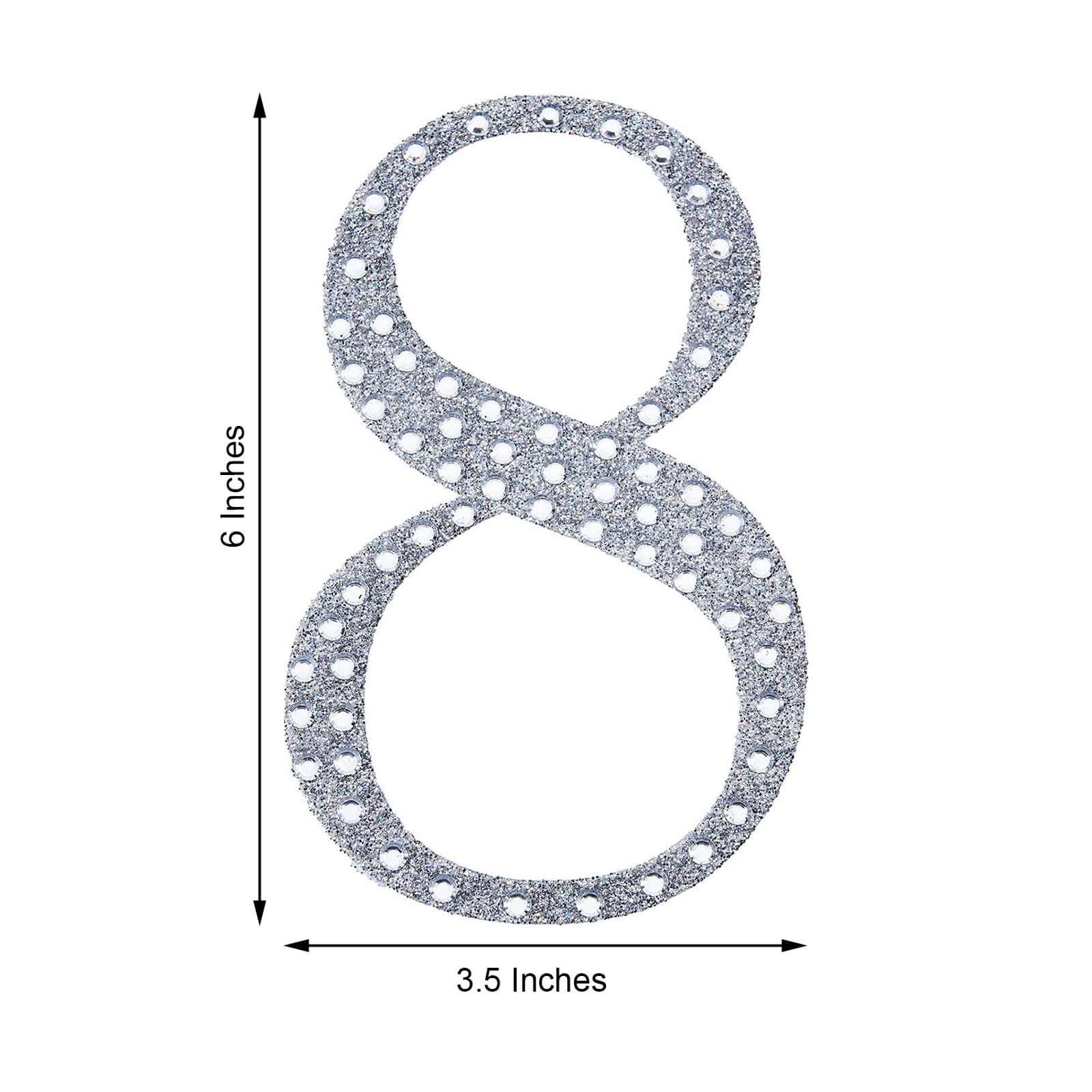 Decorative Rhinestone Number "8" Stickers, Glitter Adhesive Craft Numbers Silver DIY Sparkle Embellishments 6"