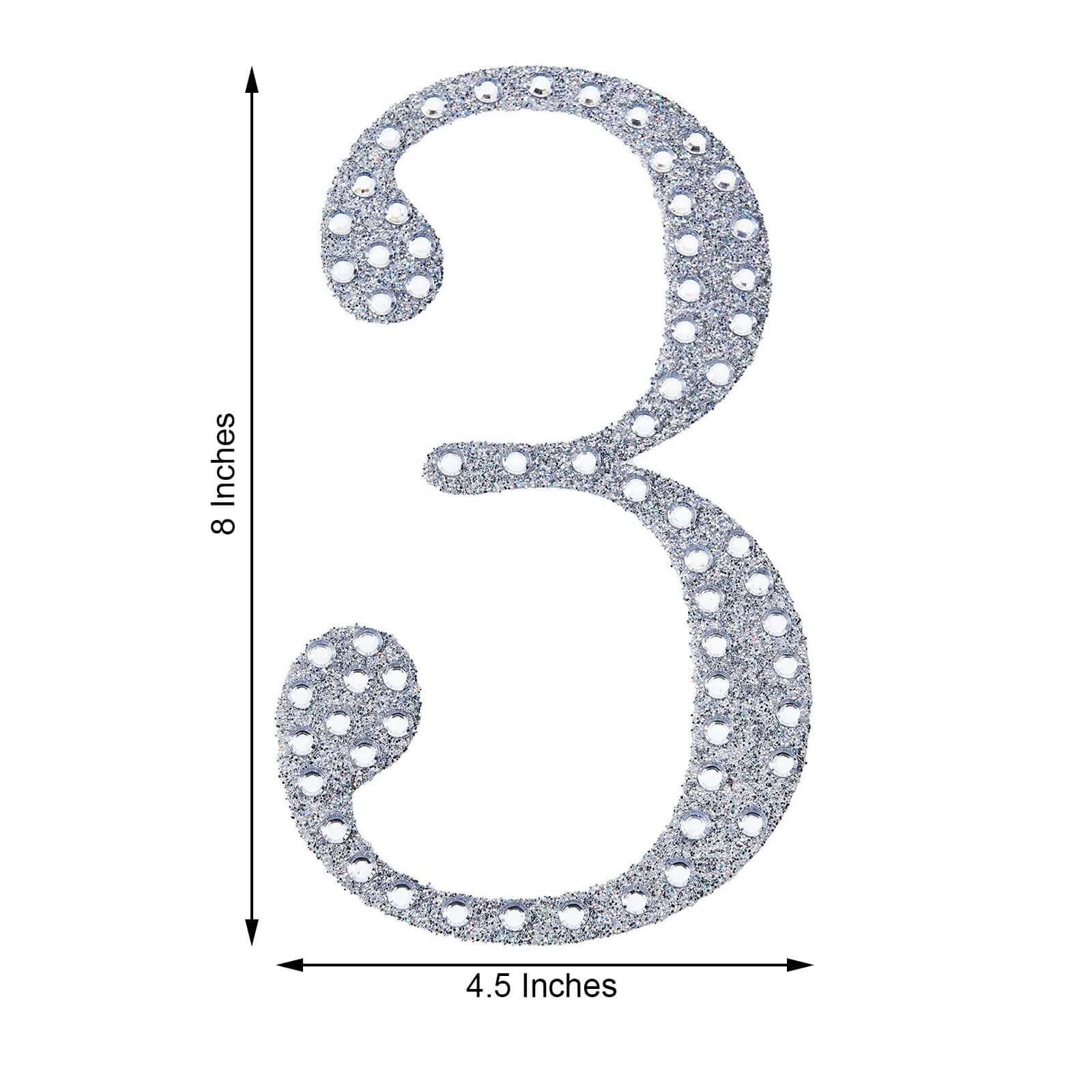 Decorative Rhinestone Number "3" Stickers, Glitter Adhesive Craft Numbers Silver DIY Sparkle Embellishments 8"