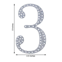 Decorative Rhinestone Number "3" Stickers, Glitter Adhesive Craft Numbers Silver DIY Sparkle Embellishments 8"