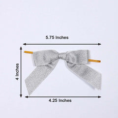 50 Pcs 4" Nylon Ribbon Bows With Twist Ties, Gift Basket Party Favor Bags Decor - Silver Glitter Design