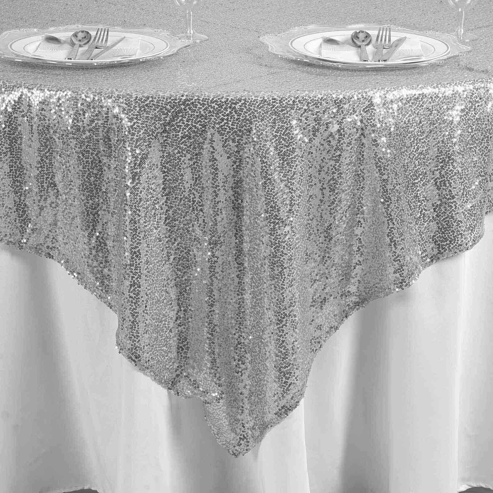 Sequin 90"x90" Table Overlay Square Tablecloth Silver - Sparkly Table Cover