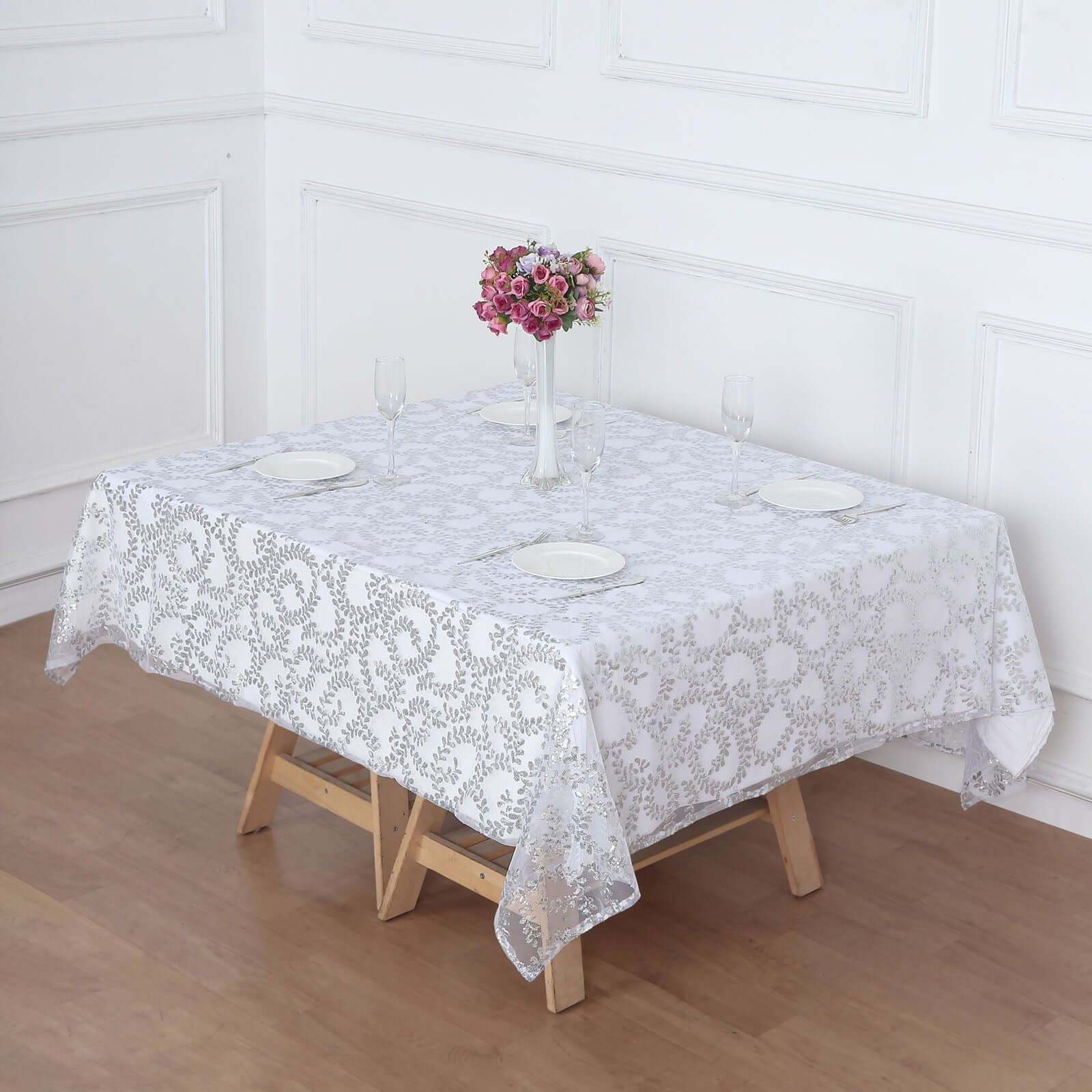 Tulle 72"x72" Table Overlay Square Tablecloth Silver - Sequin Leaf Embroidered Table Topper