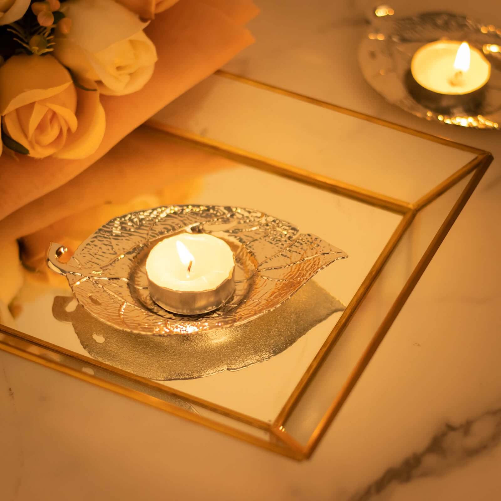 3-Pack Metal Votive Candle Holders Maple Leaf Design Shiny Silver - Vintage Mini Tea Cup Saucers 5"