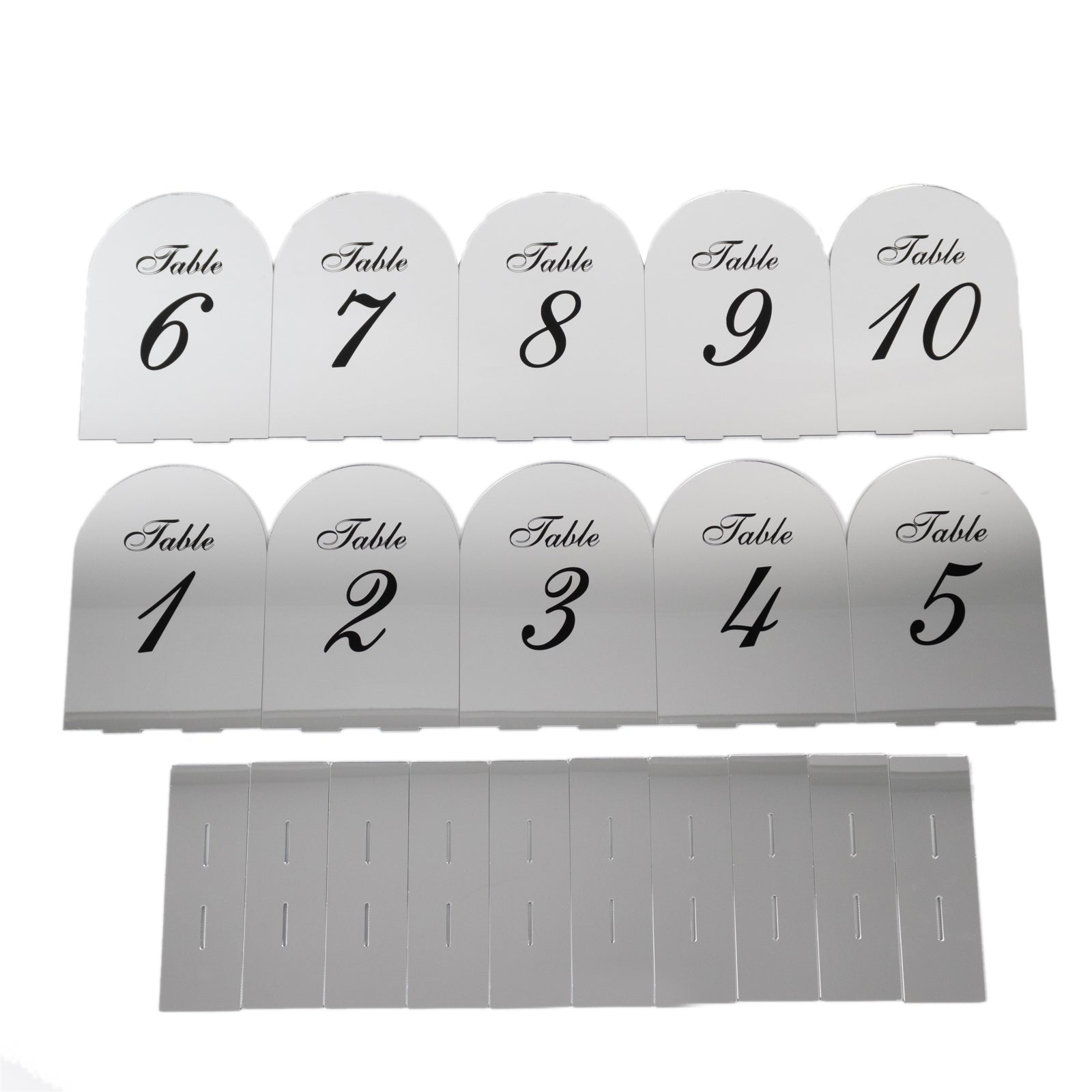 Silver Mirror Arch Acrylic Table Numbers (1-10) - 6"x7" Wedding Reception Signs with Black Print & Stands