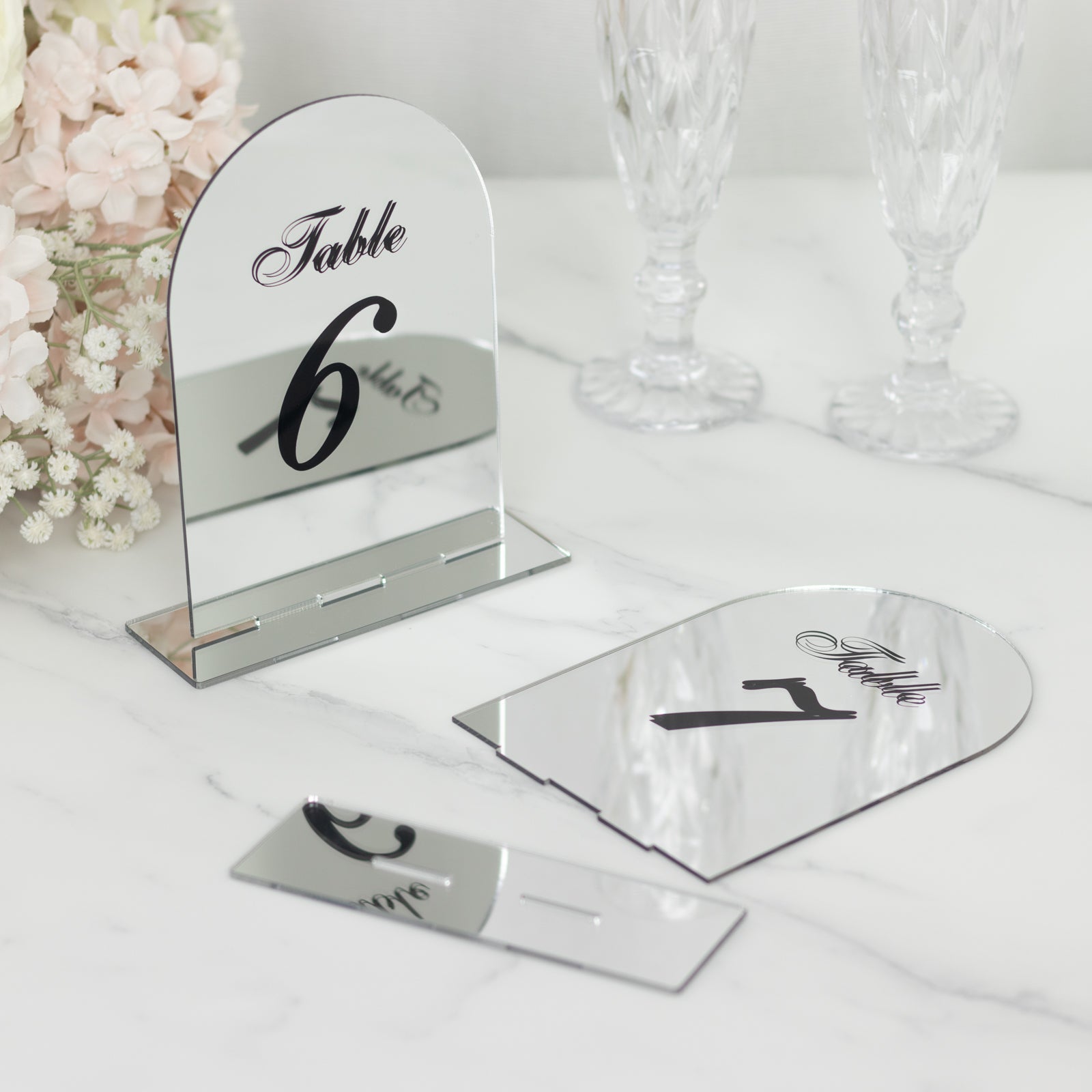 Silver Mirror Arch Acrylic Table Numbers (1-10) - 6"x7" Wedding Reception Signs with Black Print & Stands