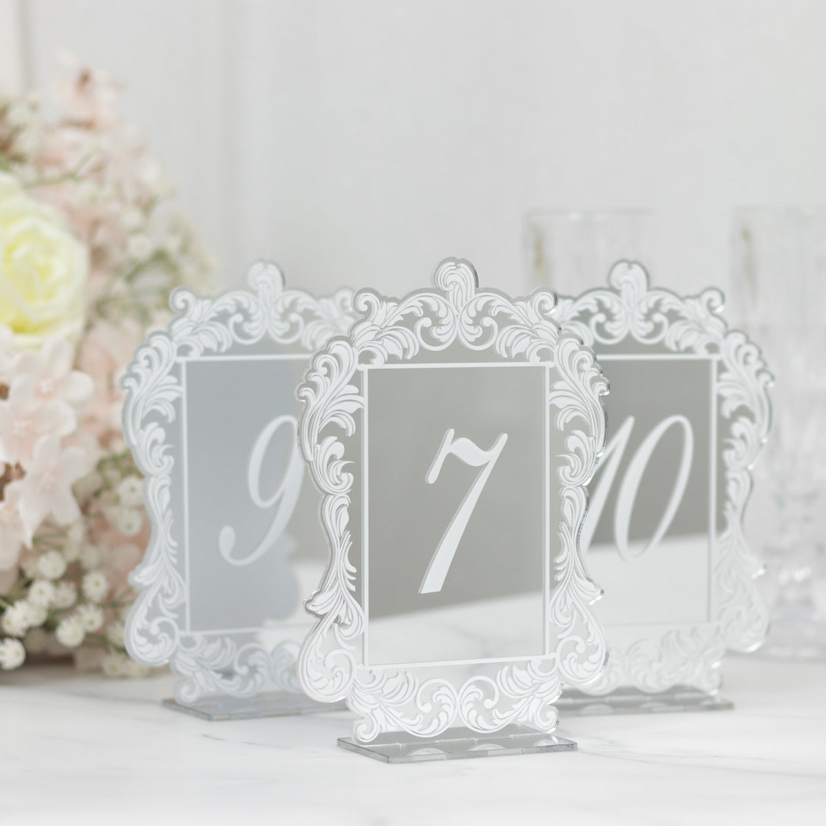 Silver Mirror Arch Acrylic Table Numbers (1-10) - 5"x7" Wedding Reception Signs with Baroque Lace Border, White Print & Stands
