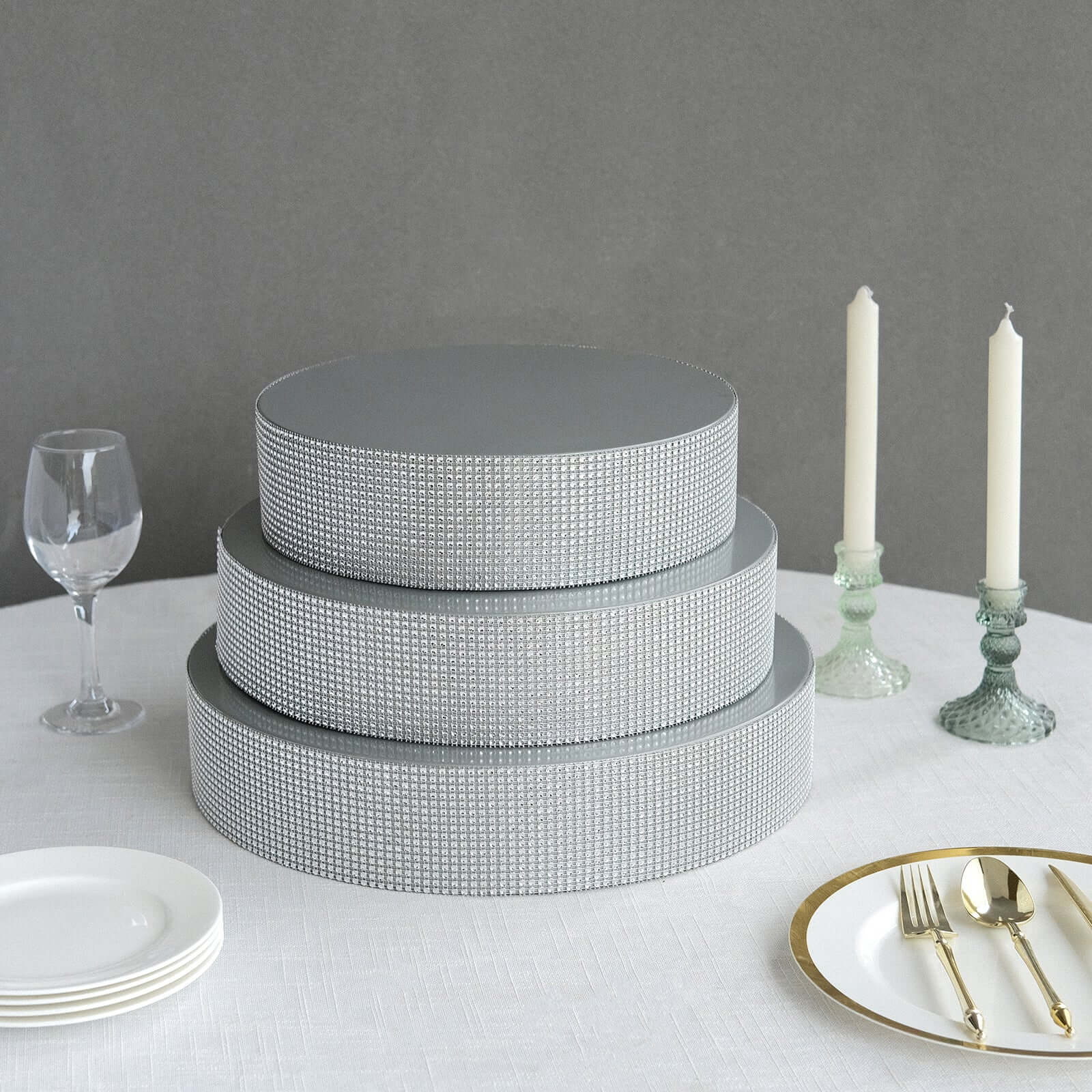 Metal Pedestal Cake Stand Round Design with Rhinestones Silver - Cupcake Holder and Dessert Table Centerpiece 14"