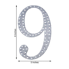 Decorative Rhinestone Number "9" Stickers, Glitter Adhesive Craft Numbers Silver DIY Sparkle Embellishments 8"