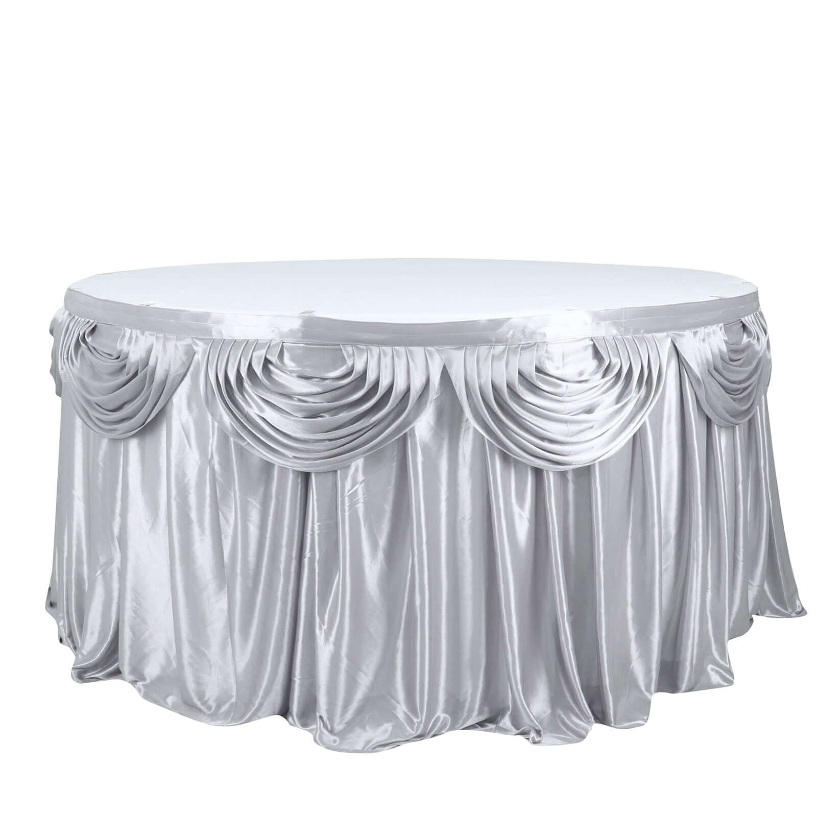Satin 14ft Table Skirt Silver - Pleated Double Drape Table Cover