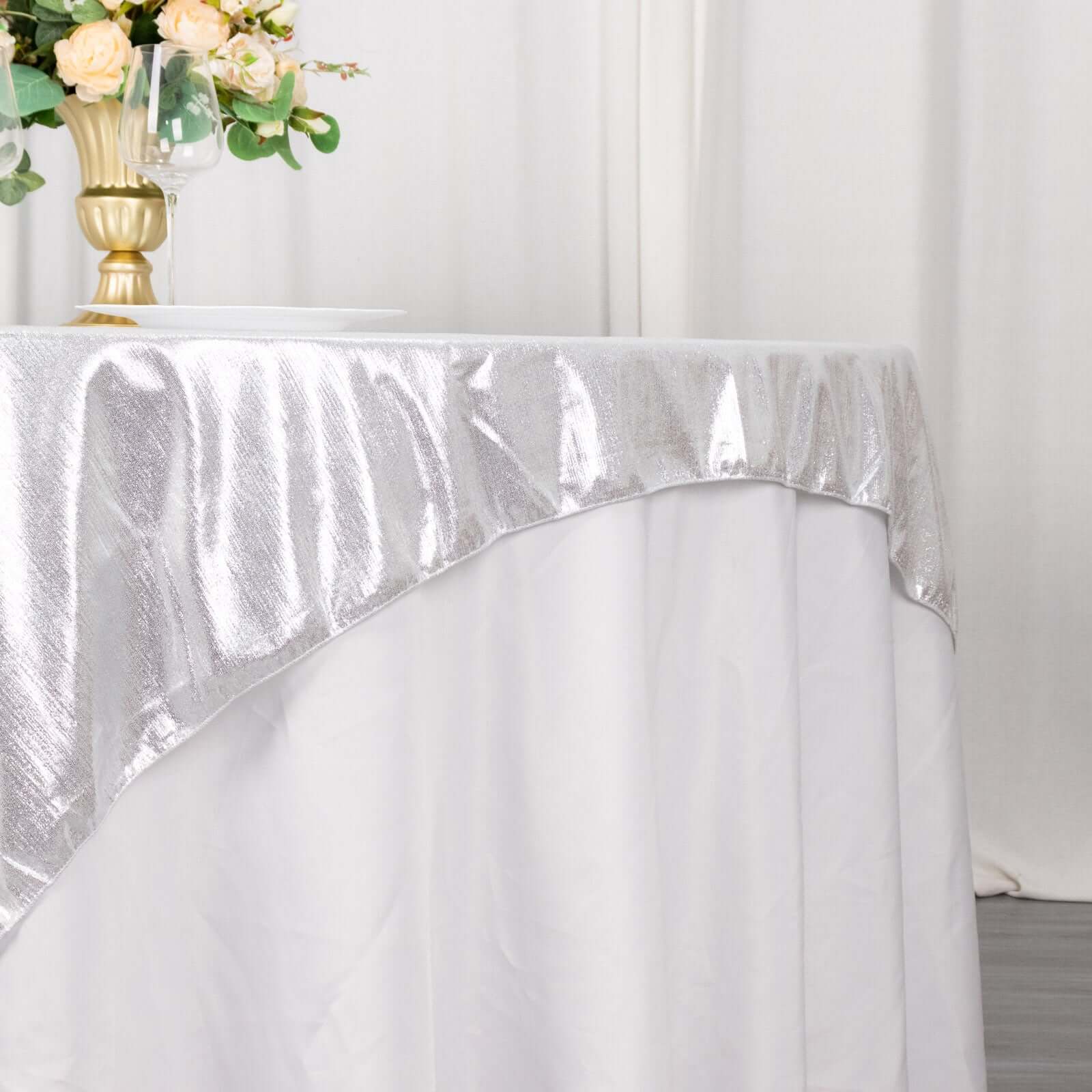 Polyester 72"x72" Table Overlay Square Tablecloth Silver - Sequin Dots Wrinkle-Free Table Cover