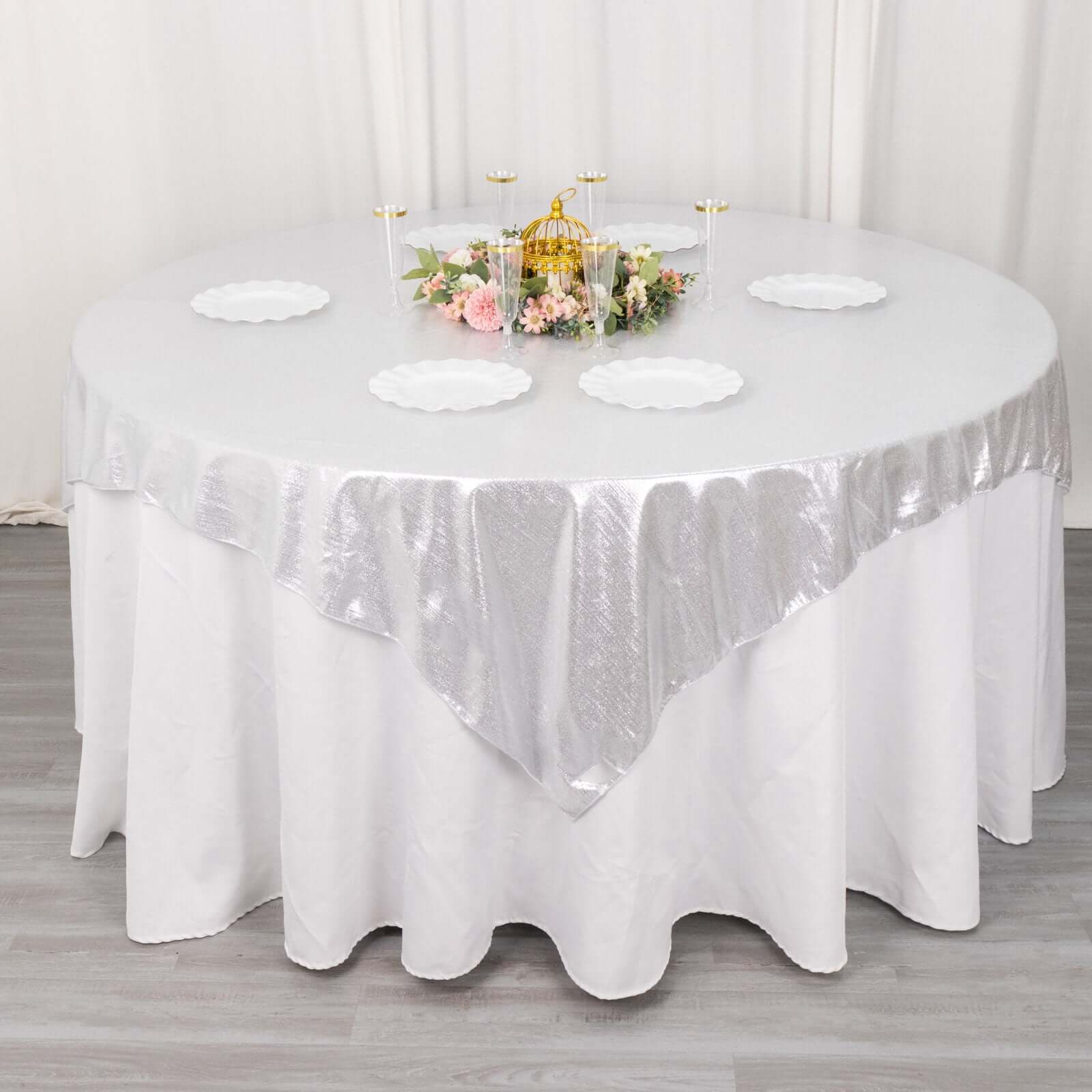 Polyester 72"x72" Table Overlay Square Tablecloth Silver - Sequin Dots Wrinkle-Free Table Cover