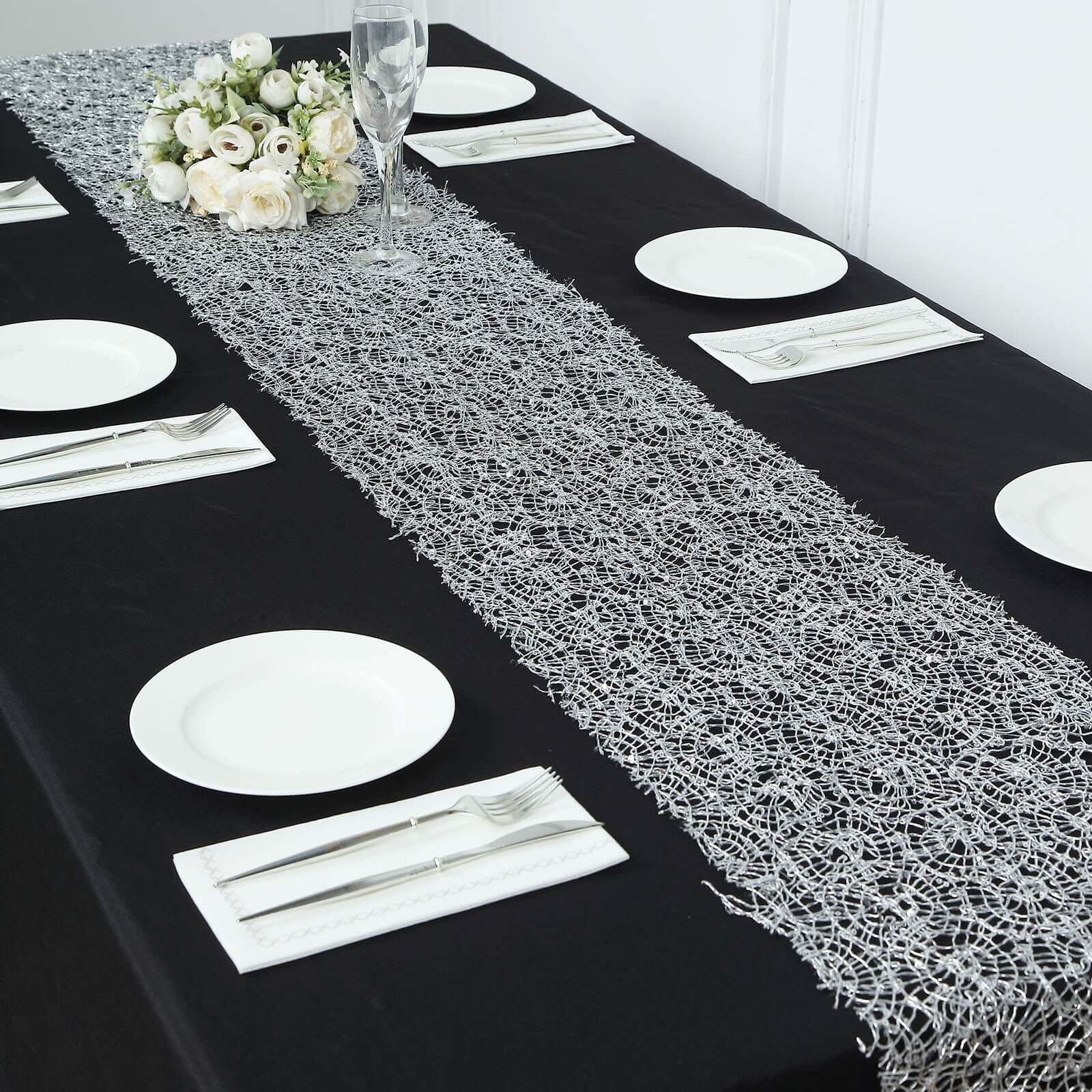 Mesh 12"x108" Table Runner Silver - Sequin Schiffli Lace Design for Stylish Celebrations