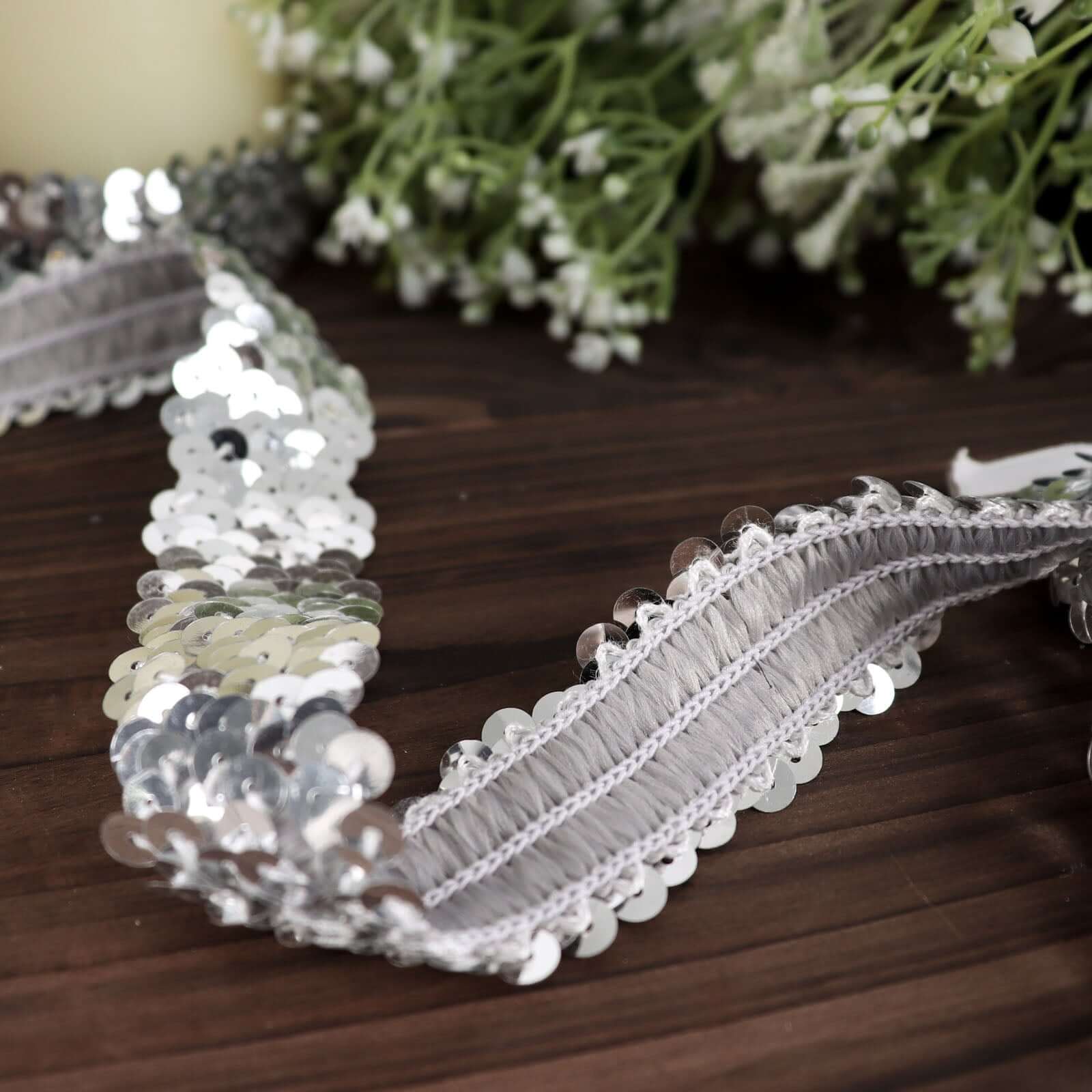 1"x10 Yards Metallic Silver Sequin Stretch Fabric Ribbon, Elastic Lace Trim, Shiny Glitter Craft Fabric