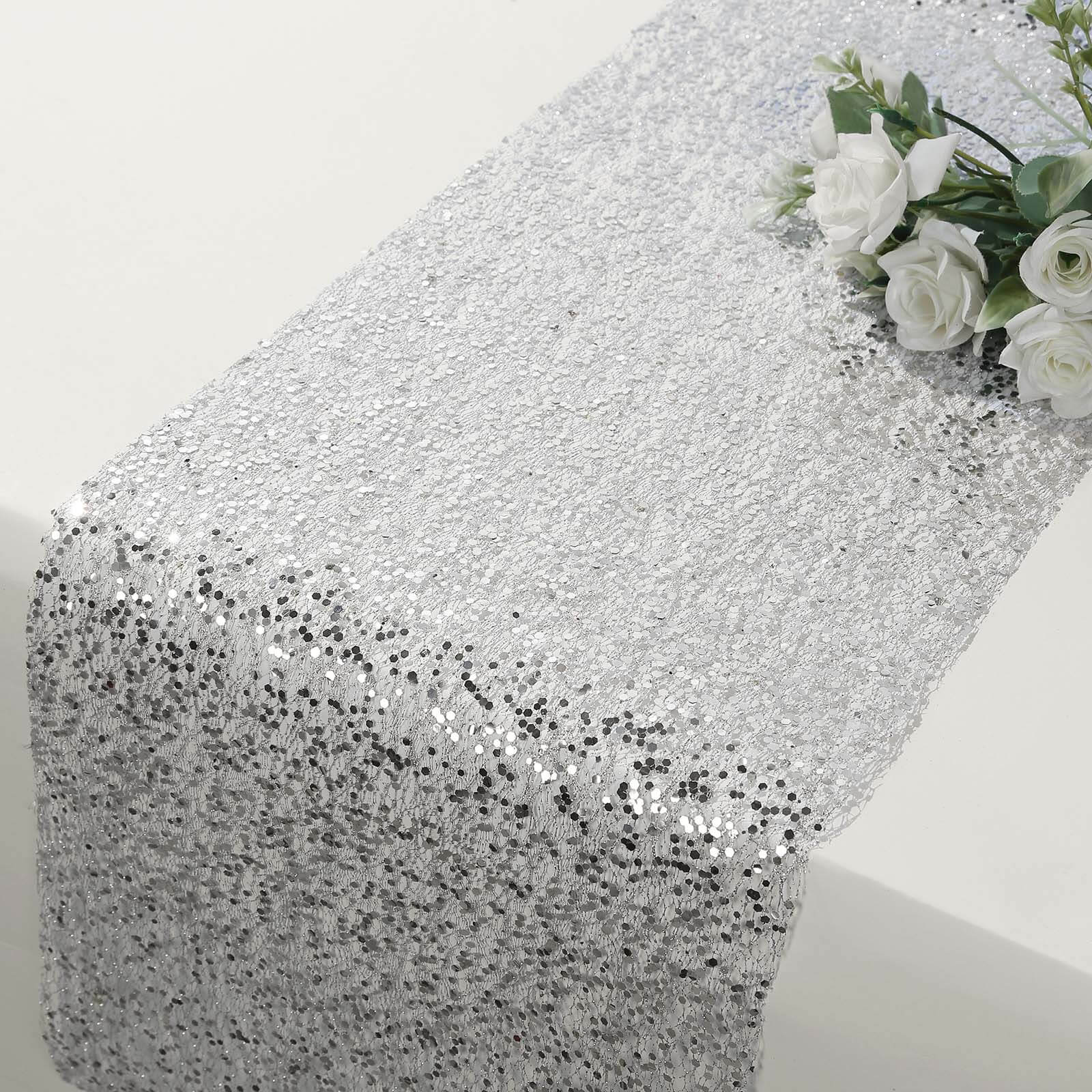 Mesh 11"x108" Table Runner Metallic Silver – Glitter Design for Convenient Event Decoration
