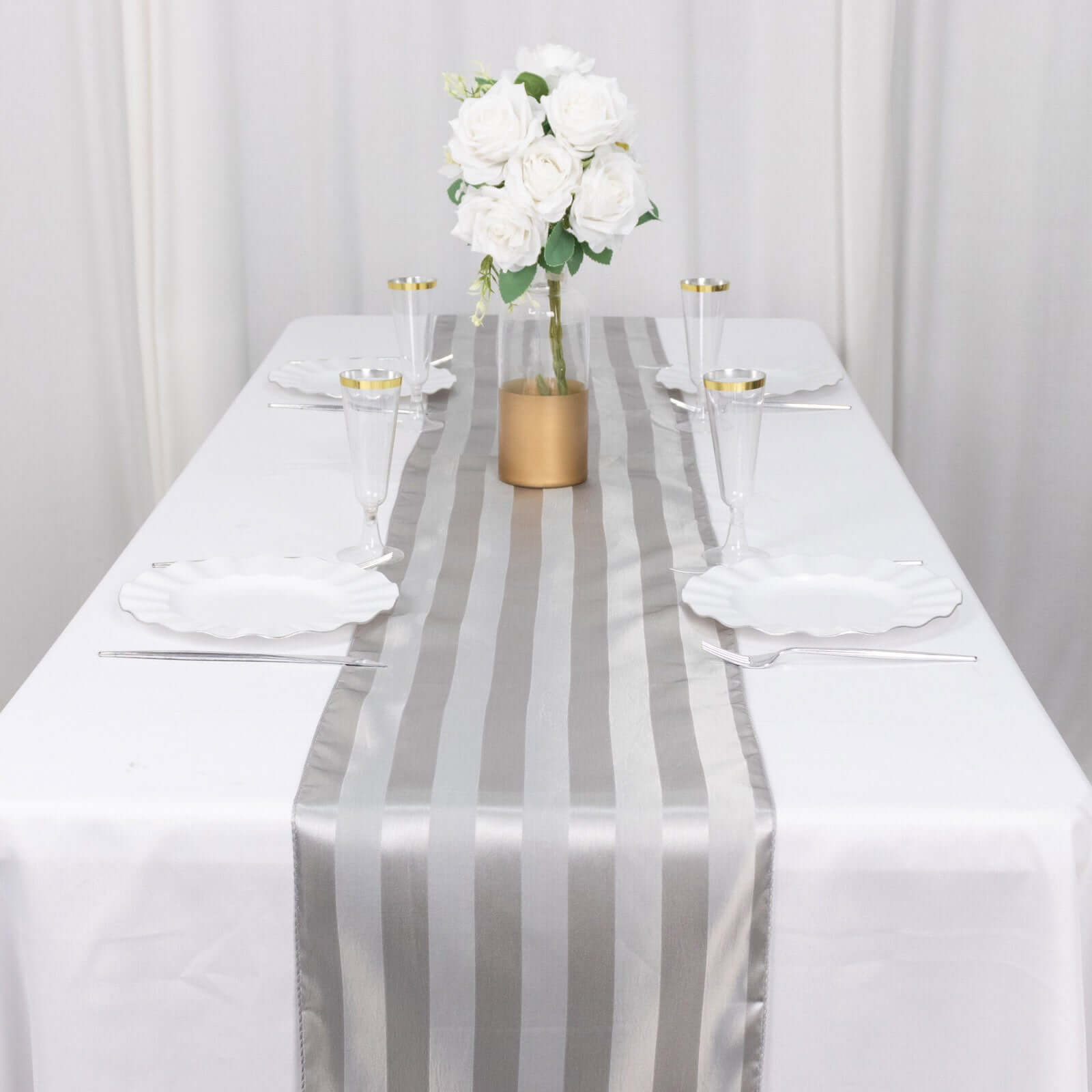 Satin 12"x108" Table Runner Silver Stripe - Stripe Table Decor