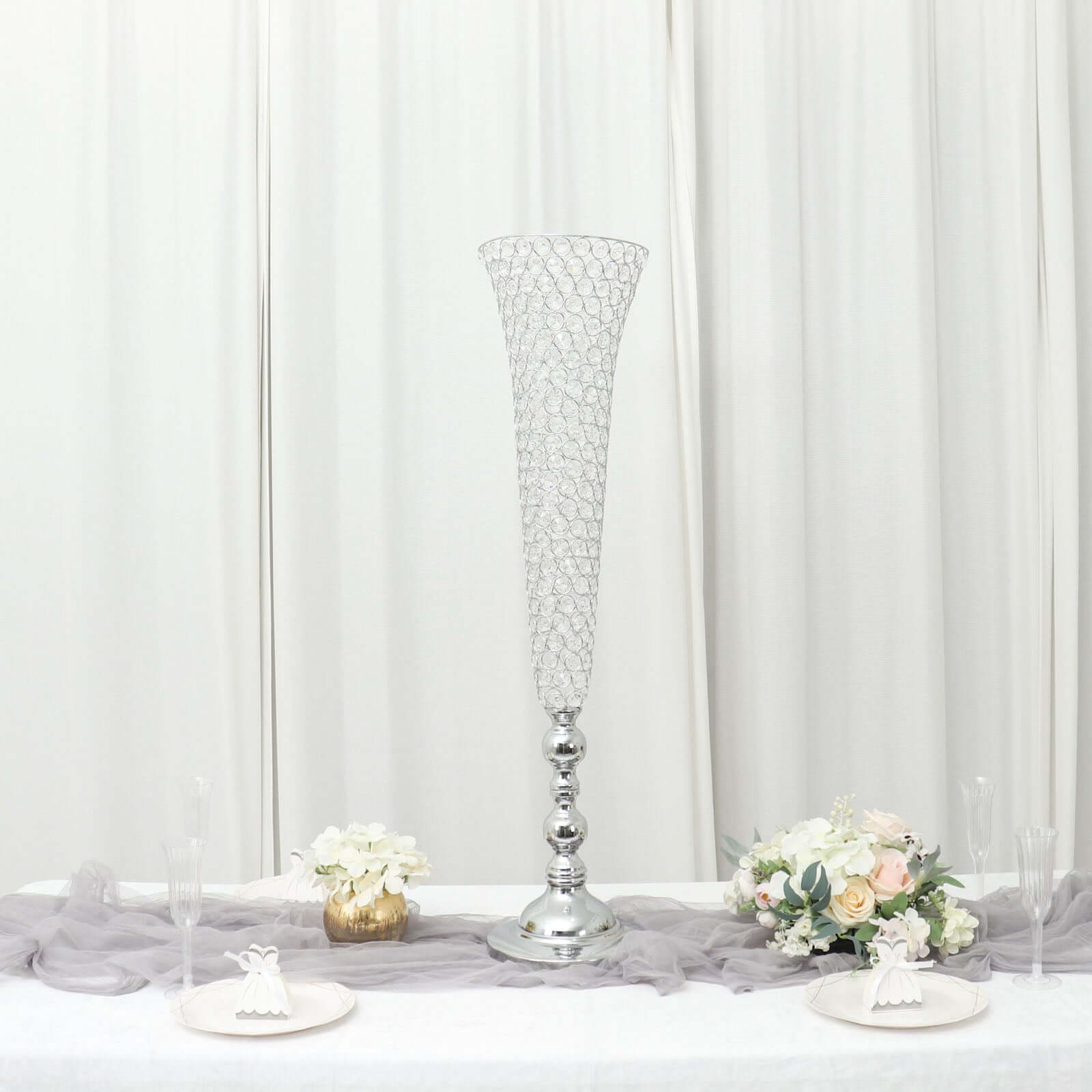 2-Pack Crystal Beaded Trumpet Vase Set Silver - Table Centerpiece for Grand Occasions 40"