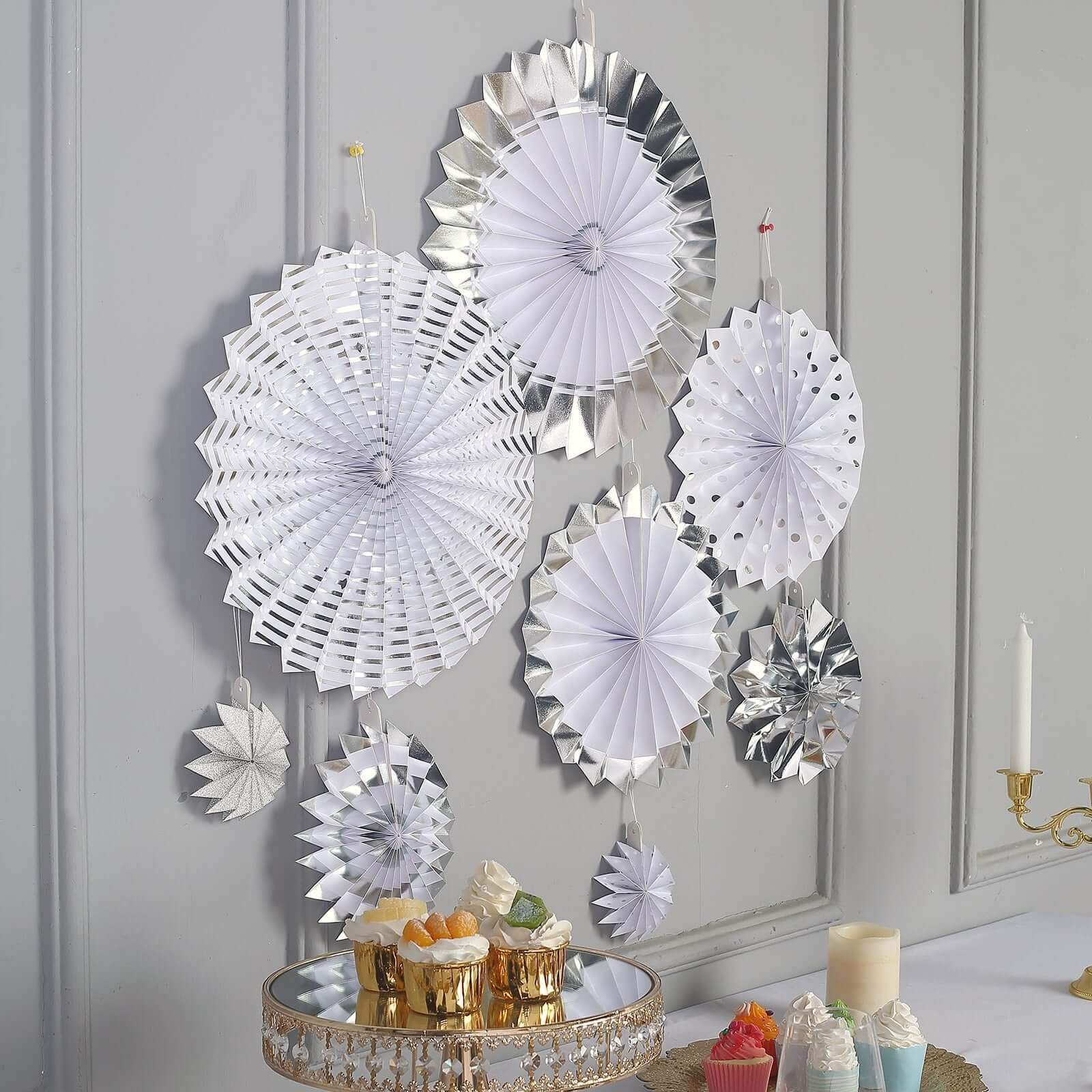 Set of 8 Silver White Hanging Paper Fan Decorations, Pinwheel Wall Backdrop Party Kit - 4", 8", 12", 16"