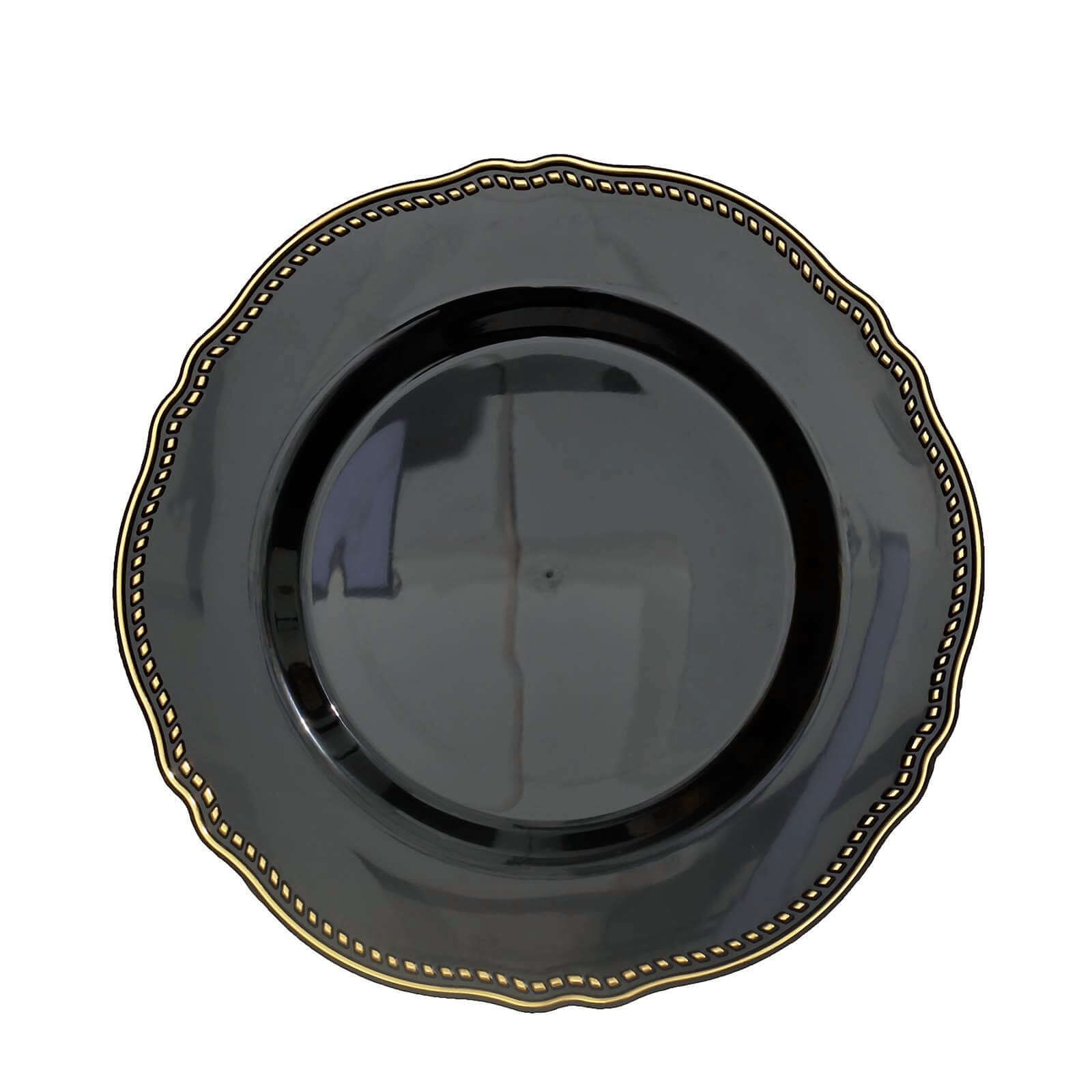 10-Pack Plastic Dinner Plates in Black with Gold Scalloped Rim - Disposable Party Plates for Upscale Events & Banquets 9"