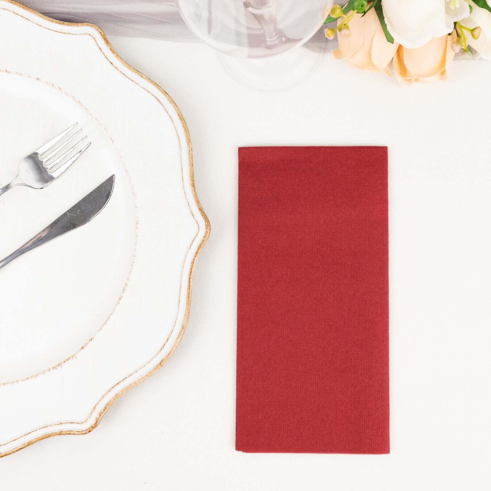 20 Pack Linen-Like Paper 8.5"x4" Napkins Burgundy - Highly Absorbent & Disposable Airlaid Guest Towels