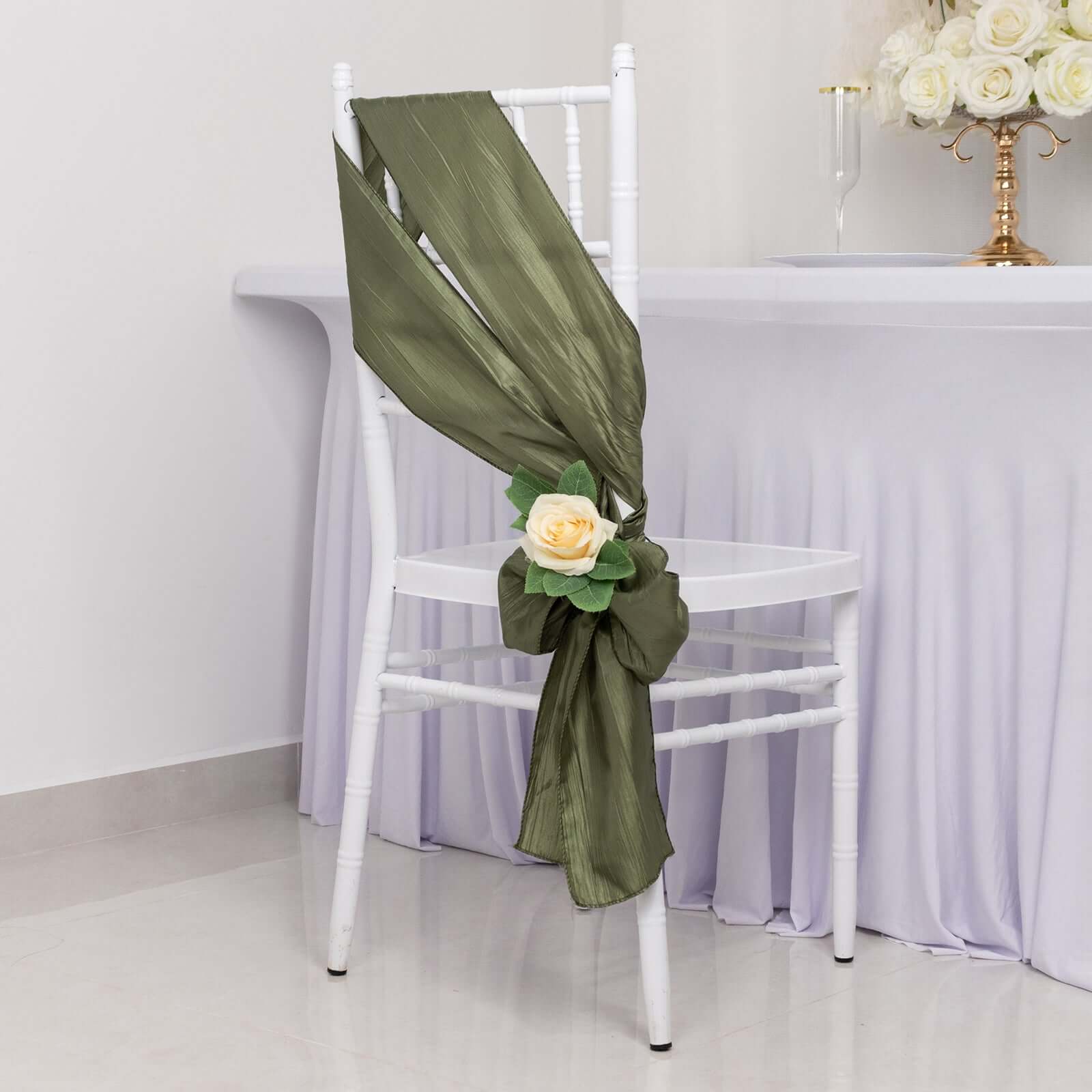 5 Pack Taffeta 6"x106" Chair Sashes Dusty Sage Green Accordion Crinkle Texture - Stylish Decor for Weddings & Gatherings