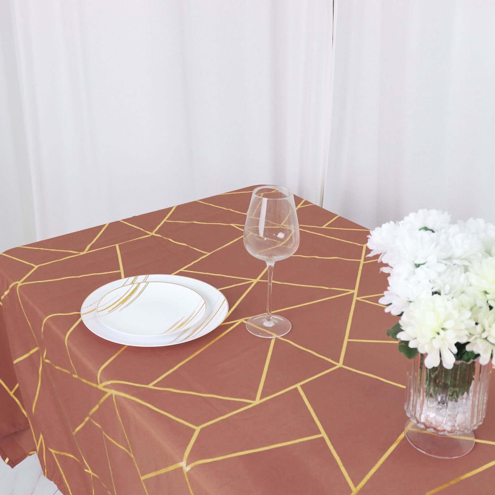 Polyester 60"x102" Rectangle Tablecloth Terracotta (Rust) with Gold Foil Geometric Pattern - Wrinkle-Resistant & Durable Table Cover