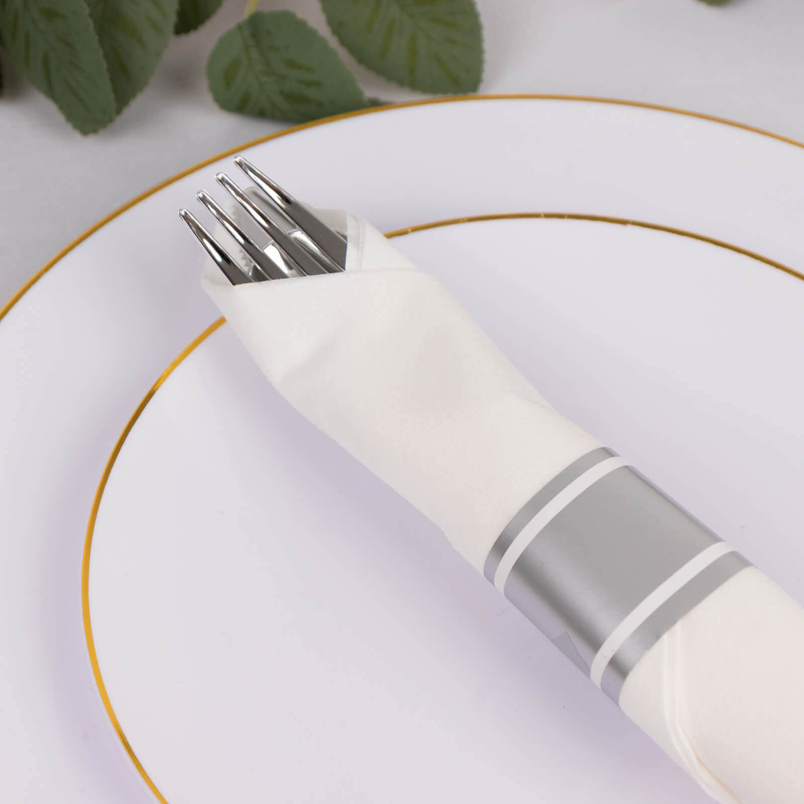 Set of 24 Silver Plastic Silverware with Pre-Rolled White Paper Napkins - Disposable Wrapped Fork, Spoon, and Knife Set